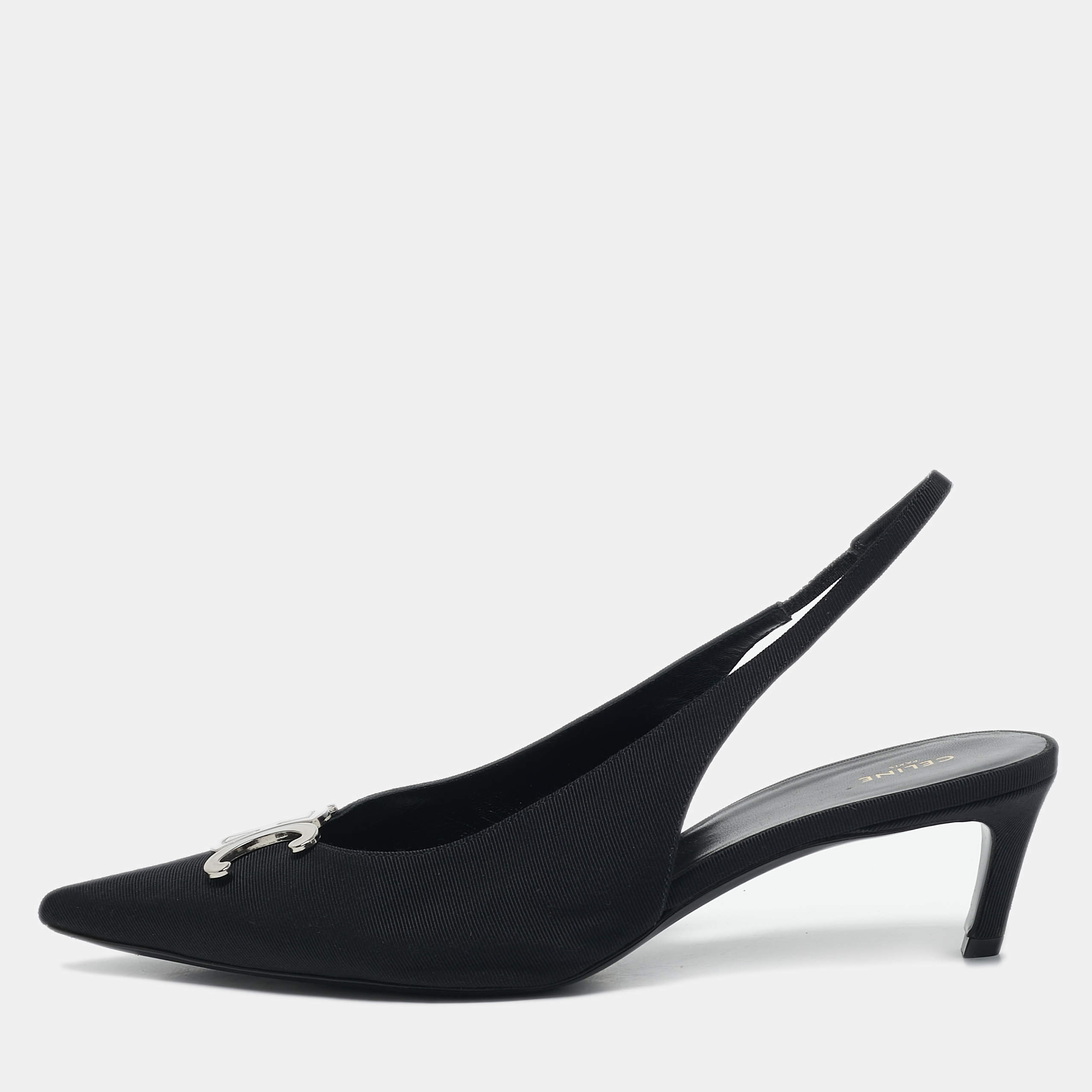 Pre Owned Celine Black Fabric Logo Pointed Toe Alma Triomphe Slingback Pumps Size 40