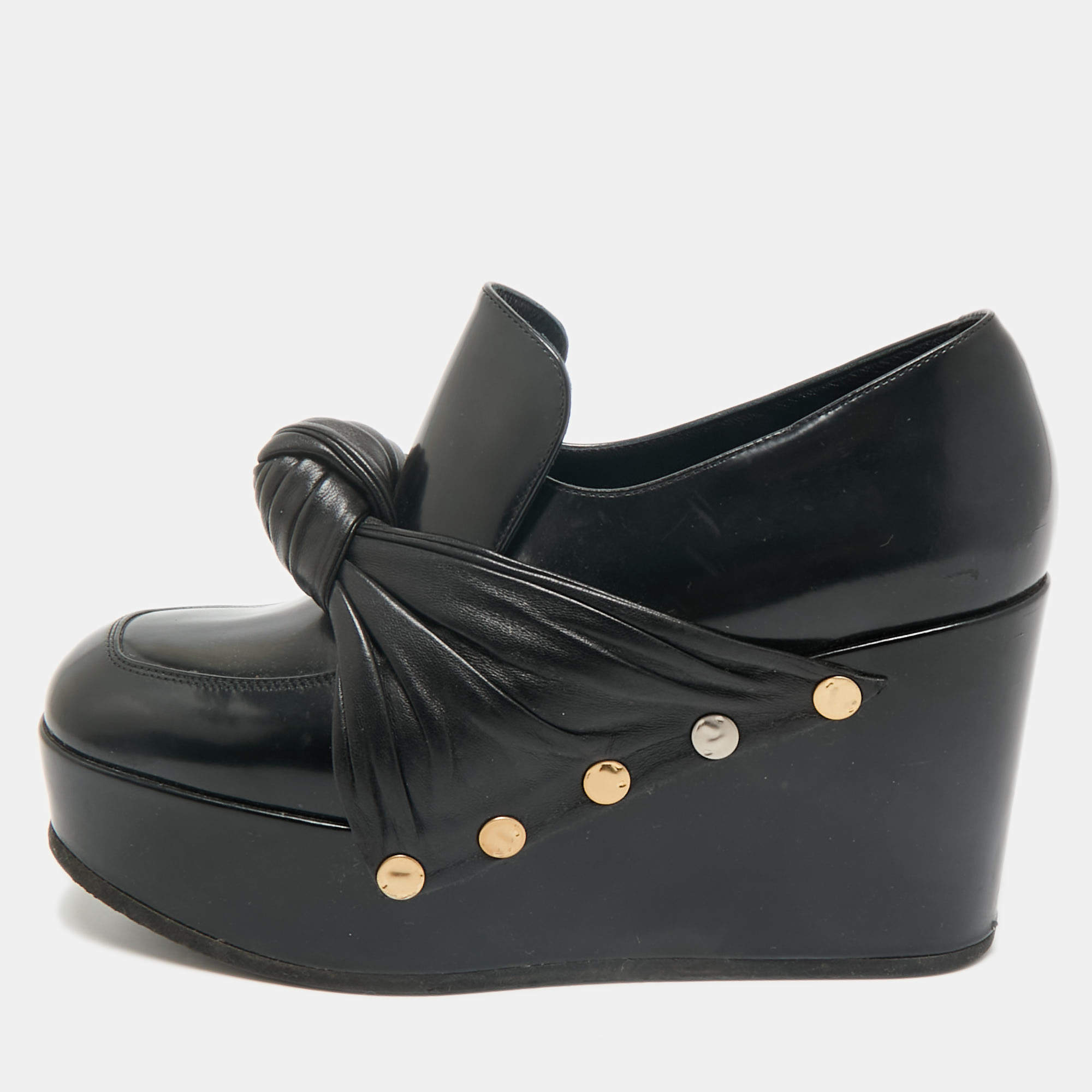 Pre Owned Celine Black Leather Phoebe Phile Bow Wedge Platform Loafers Size 35