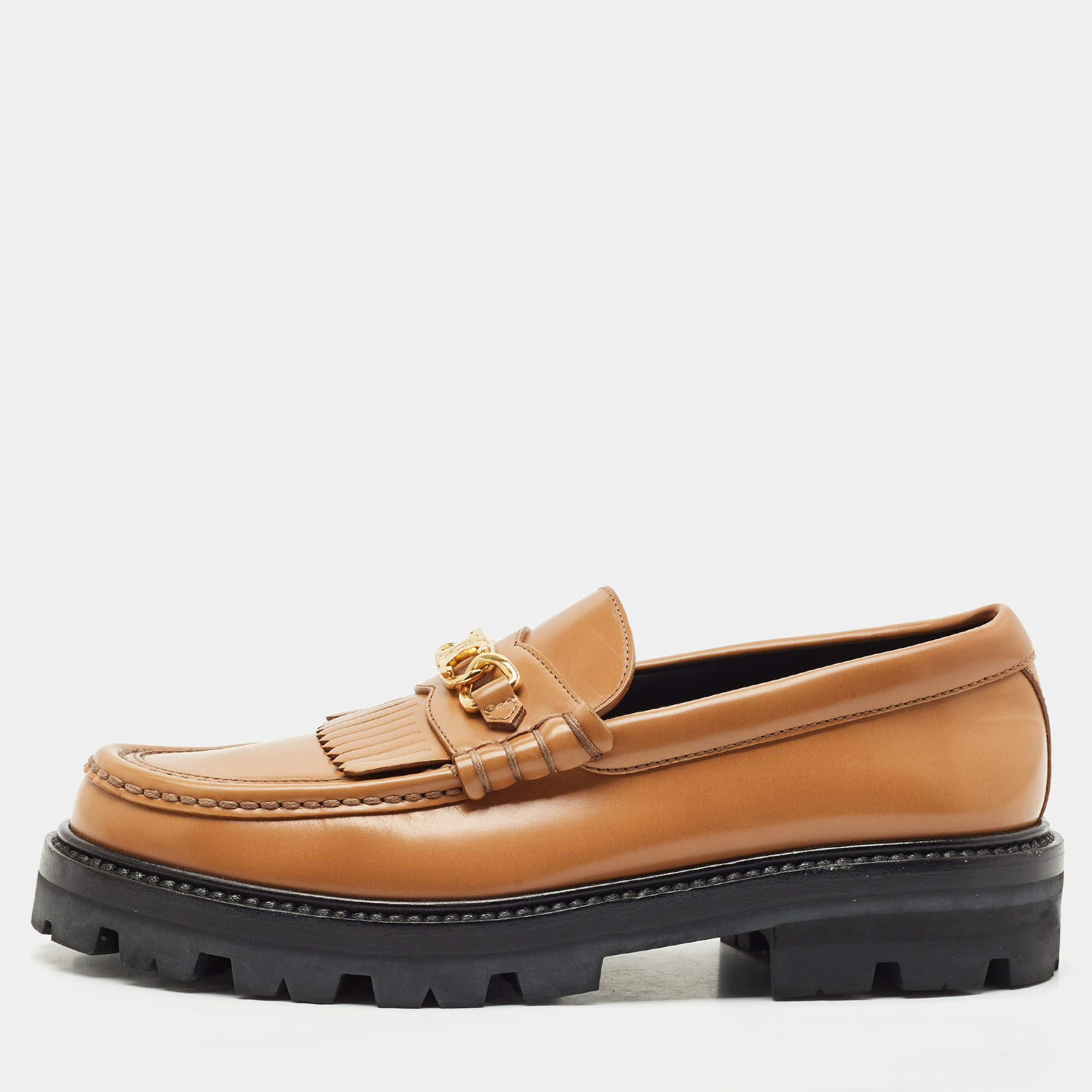 Pre Owned Celine Tan Leather Triomphe frame Margaret Slip On Loafers Size 37