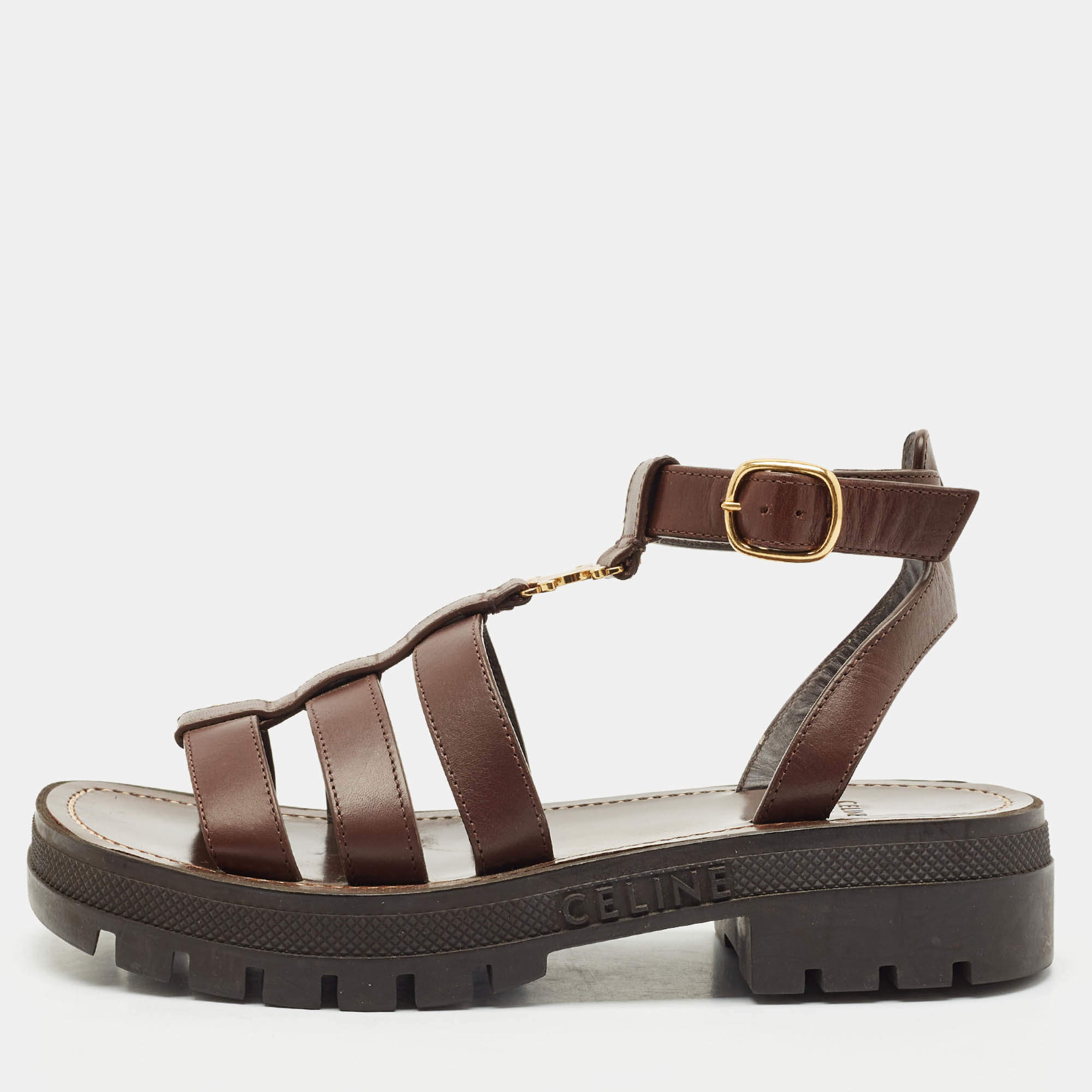 Celine Brown Leather Clea Triomphe Gladiator Flat Sandals Size 36