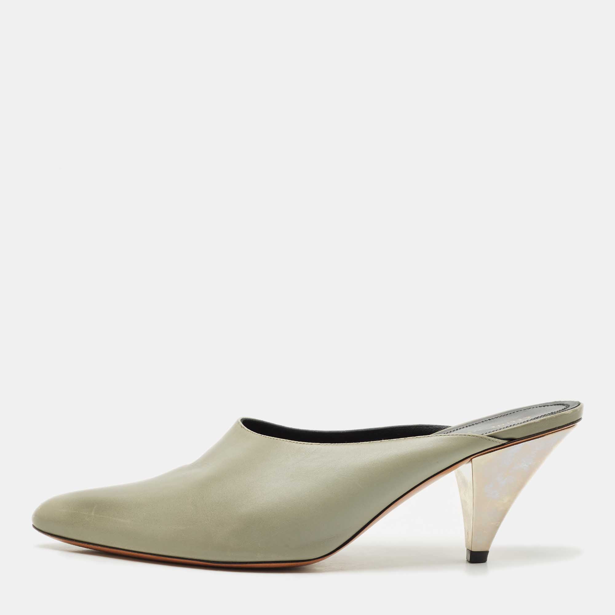 Pre Owned Celine Light Grey Leather Pointed Toe Mules Size 40