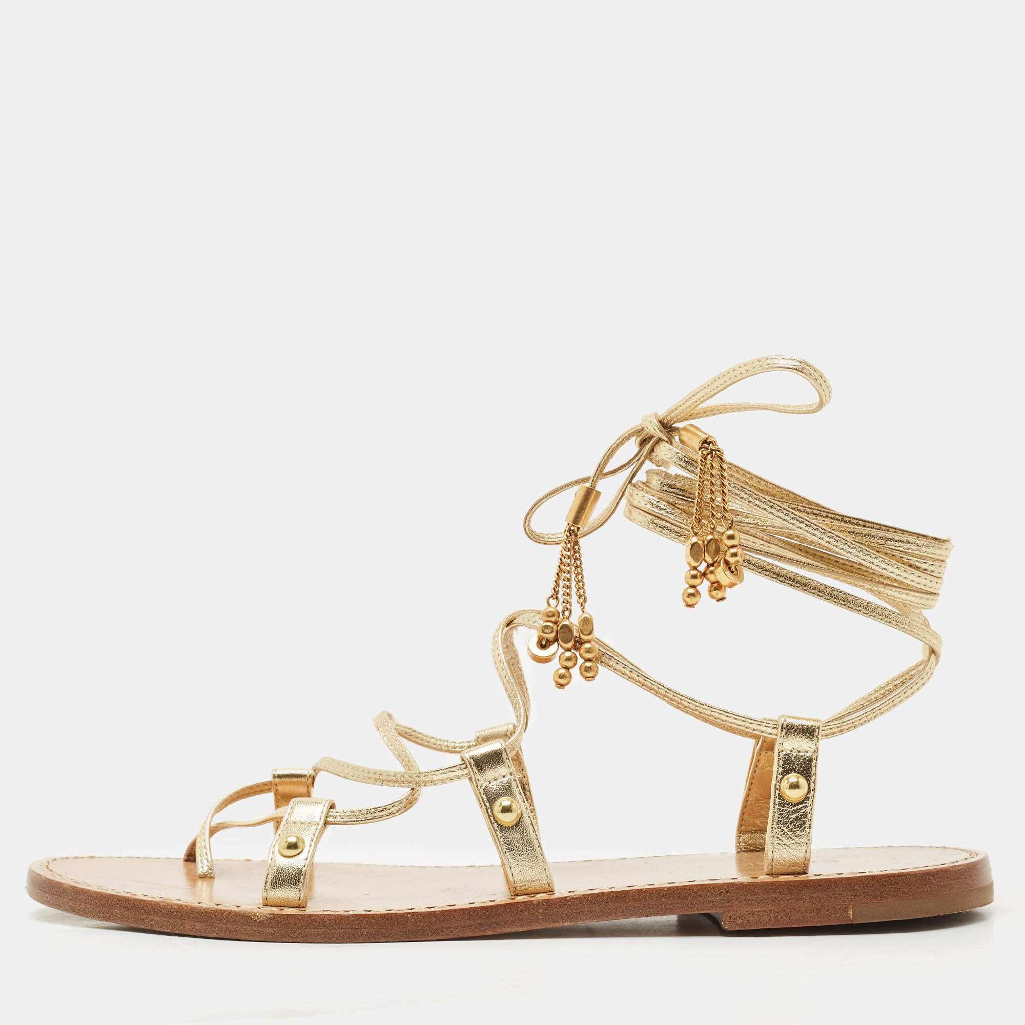 Celine Gold Leather Studded Ankle Wrap Flat Sandals Size 37