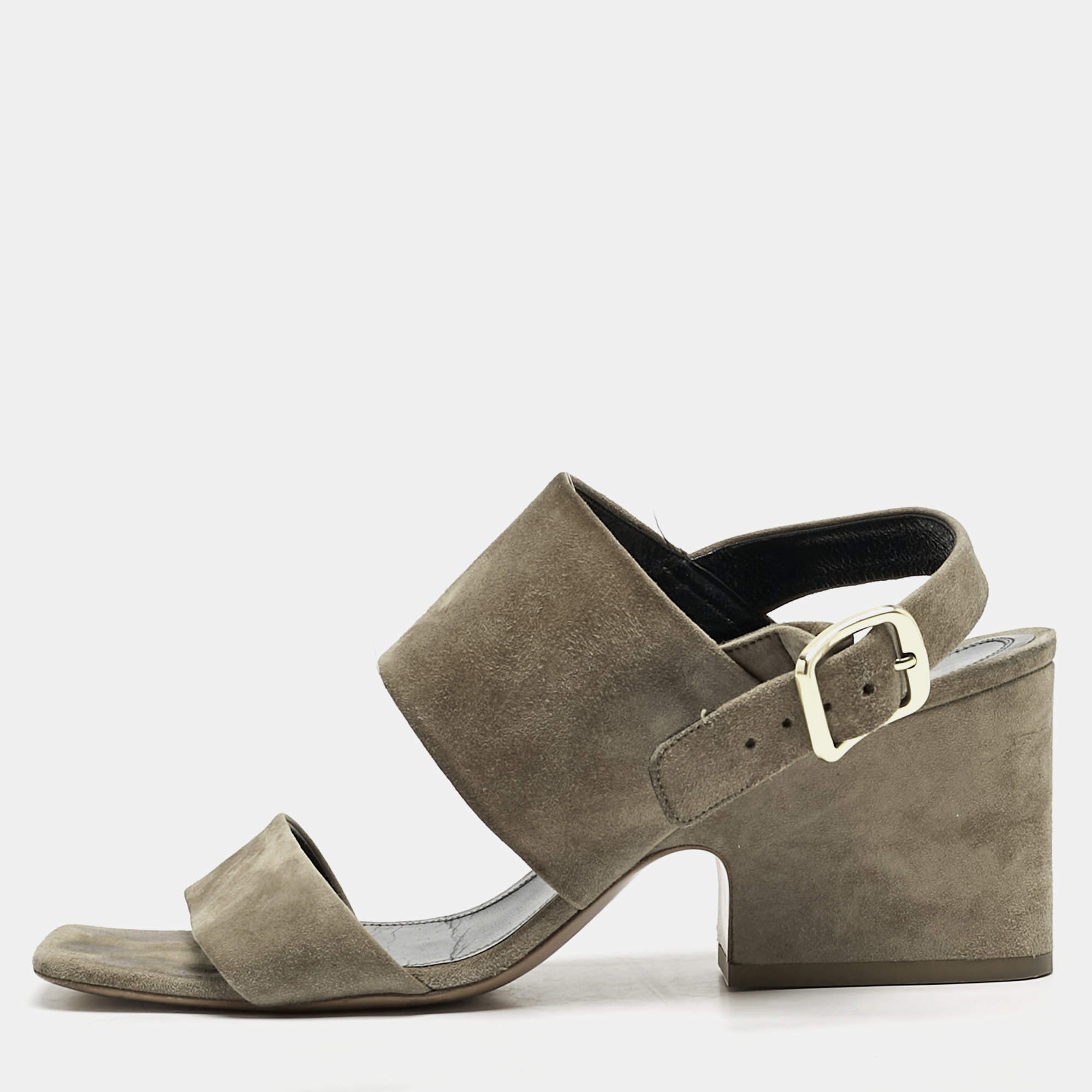 Celine Olive Green Suede Slingback  Block Heel Sandals Size 40.5