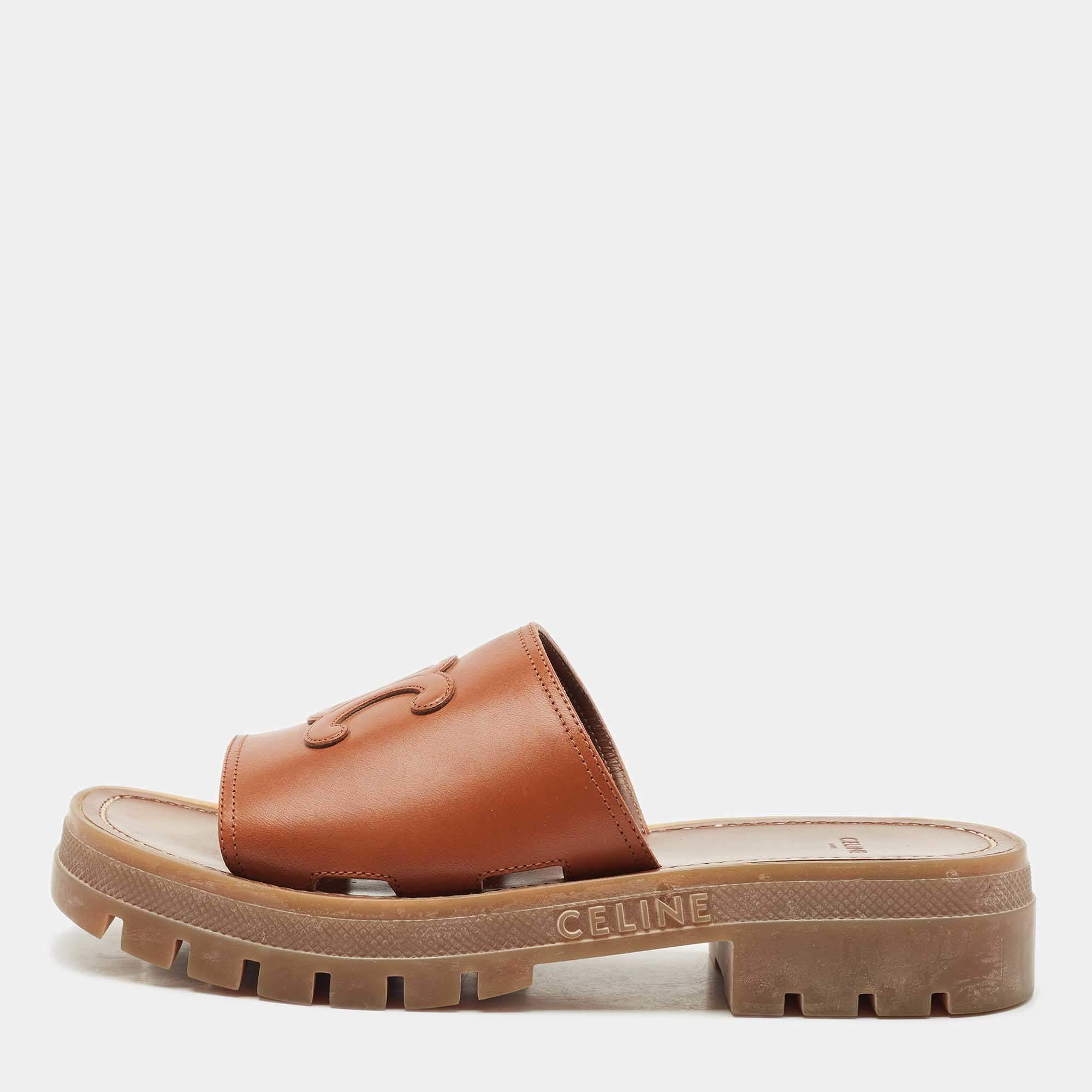 Celine Tan Leather Slide Sandals Size 39