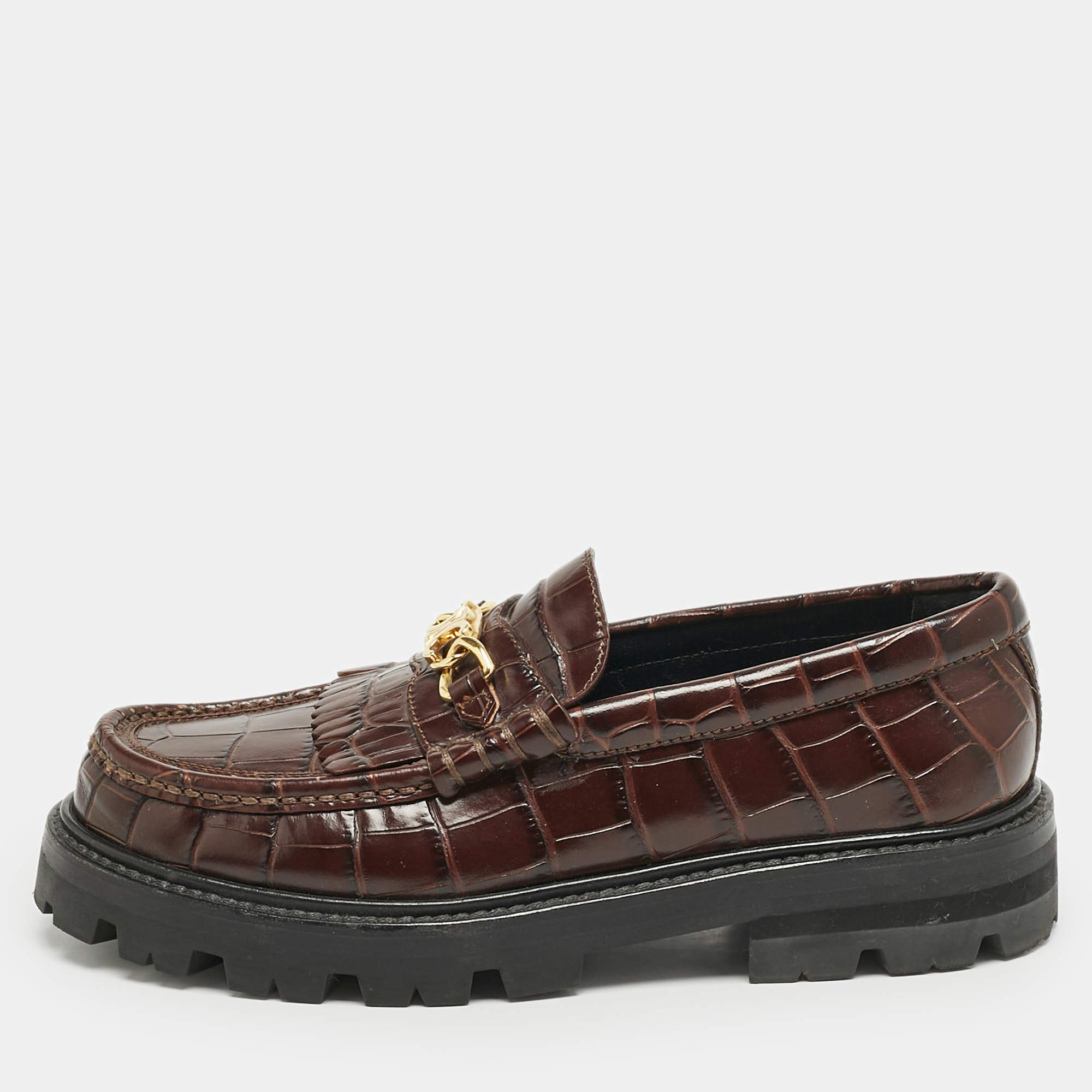 Celine Dark Brown Croc Embossed Leather Margaret Fringe Slip On Loafers Size 37