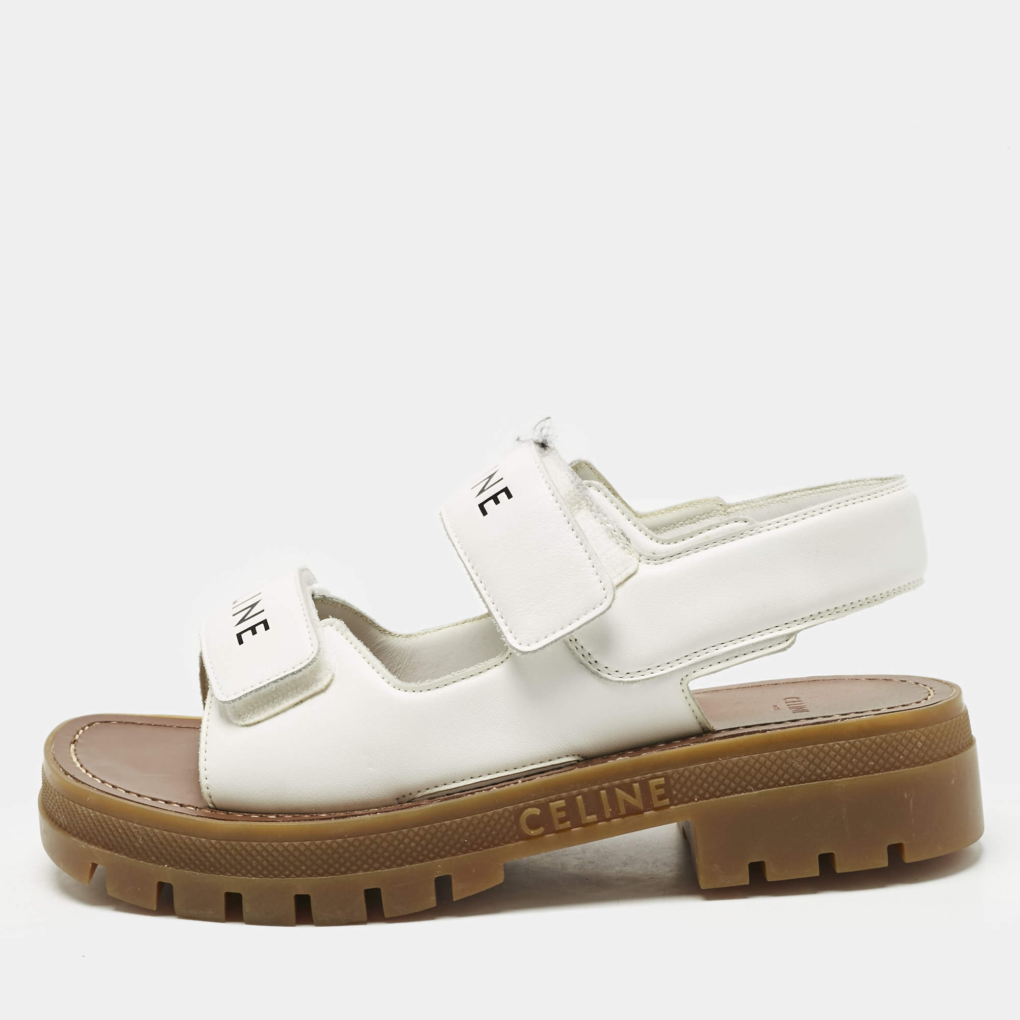 Pre Owned Celine White Leather Leo One Strap Flat Sandals Size 38