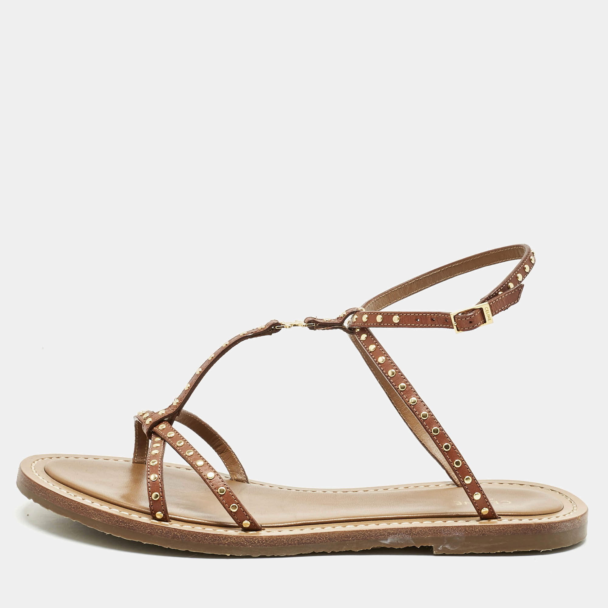 Pre Owned Celine Brown Leather Ankle Strap Flats Sandals Size 39