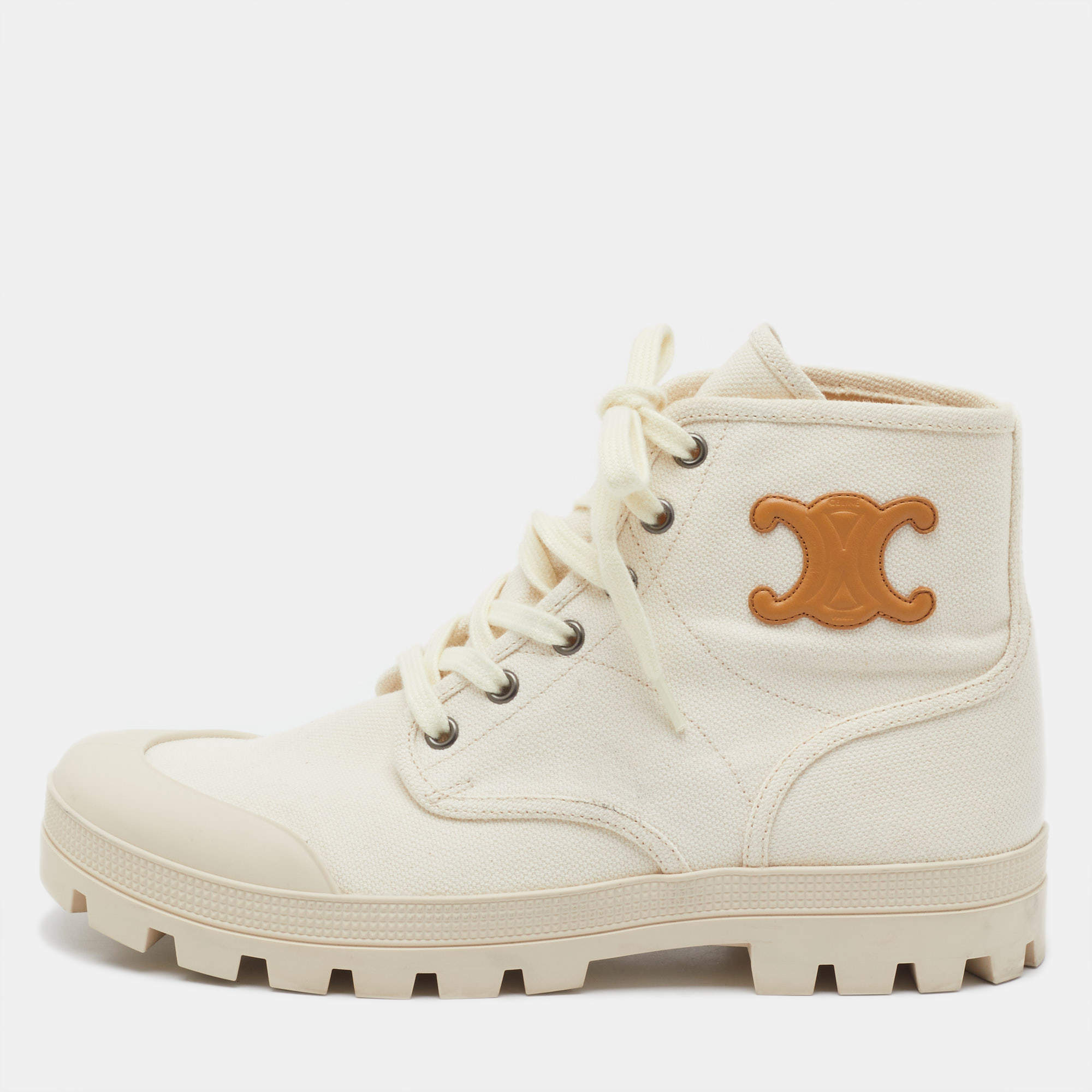 Pre Owned Celine Ivory Canvas Patapans Lace Up Ankle Boots Size 40