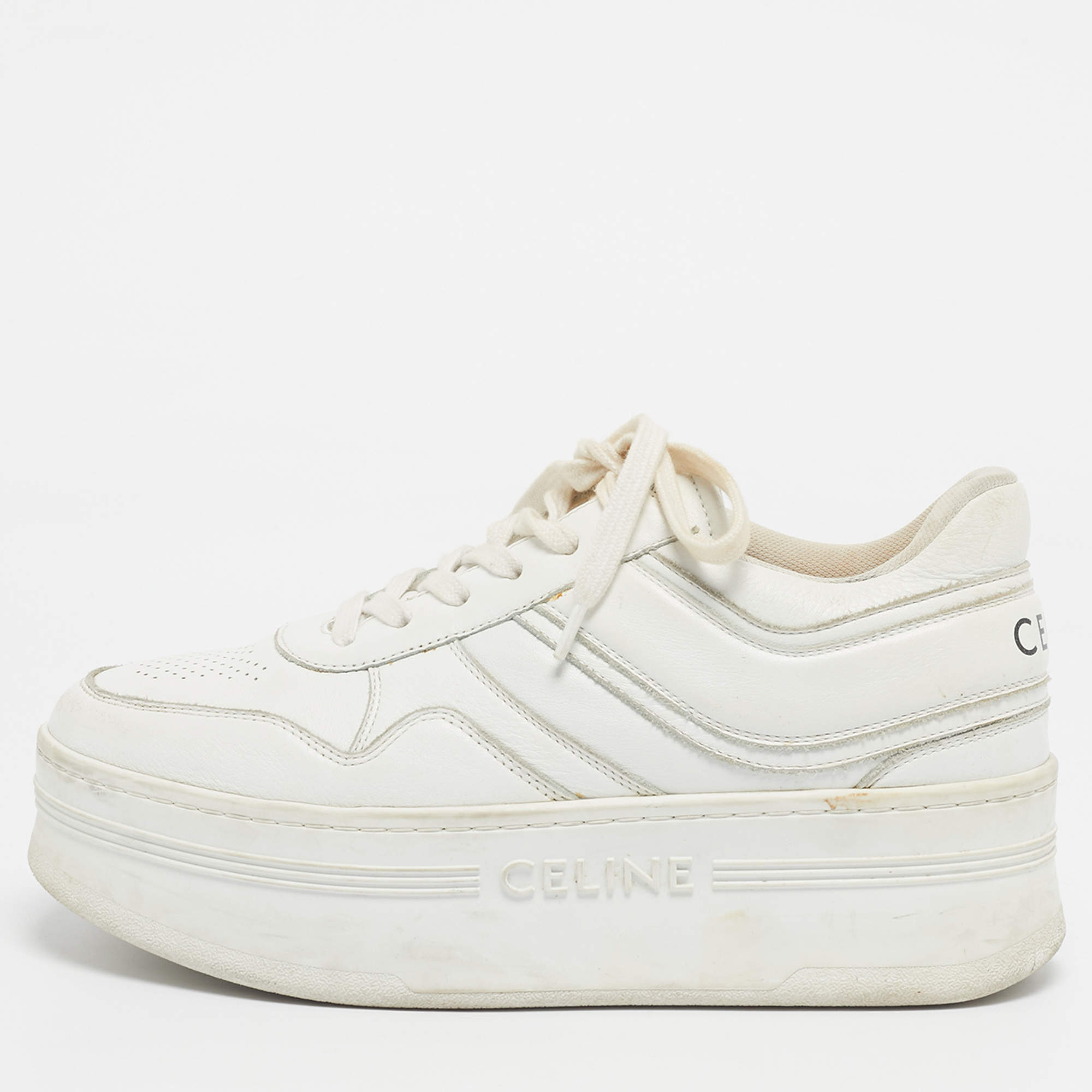 Pre Owned Celine White Leather Platform Lace Up Sneakers Size 39