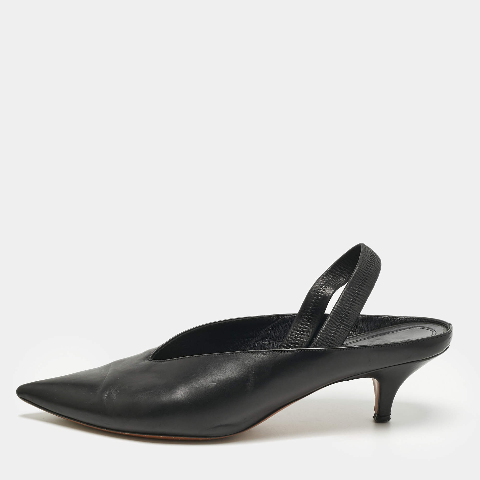 Pre Owned Feline Black Leather V Neck Slingback Pumps Size 39