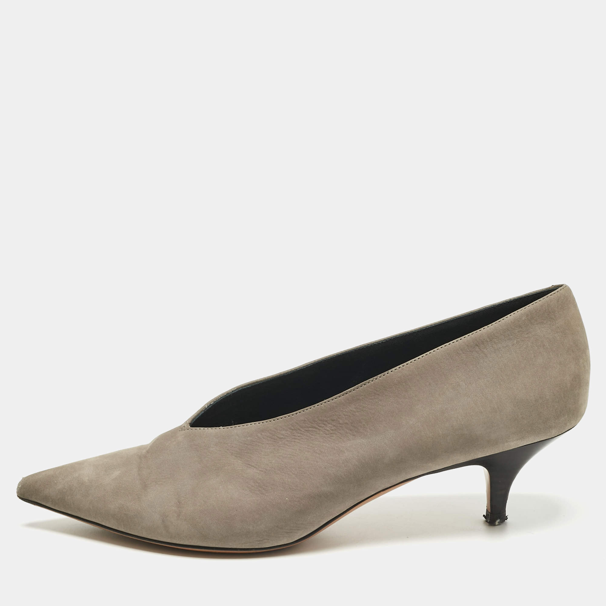 مملوكة مسبقًا Celine Grey Nubuck Leather V Neck Pointed Toe Pumps Size 39