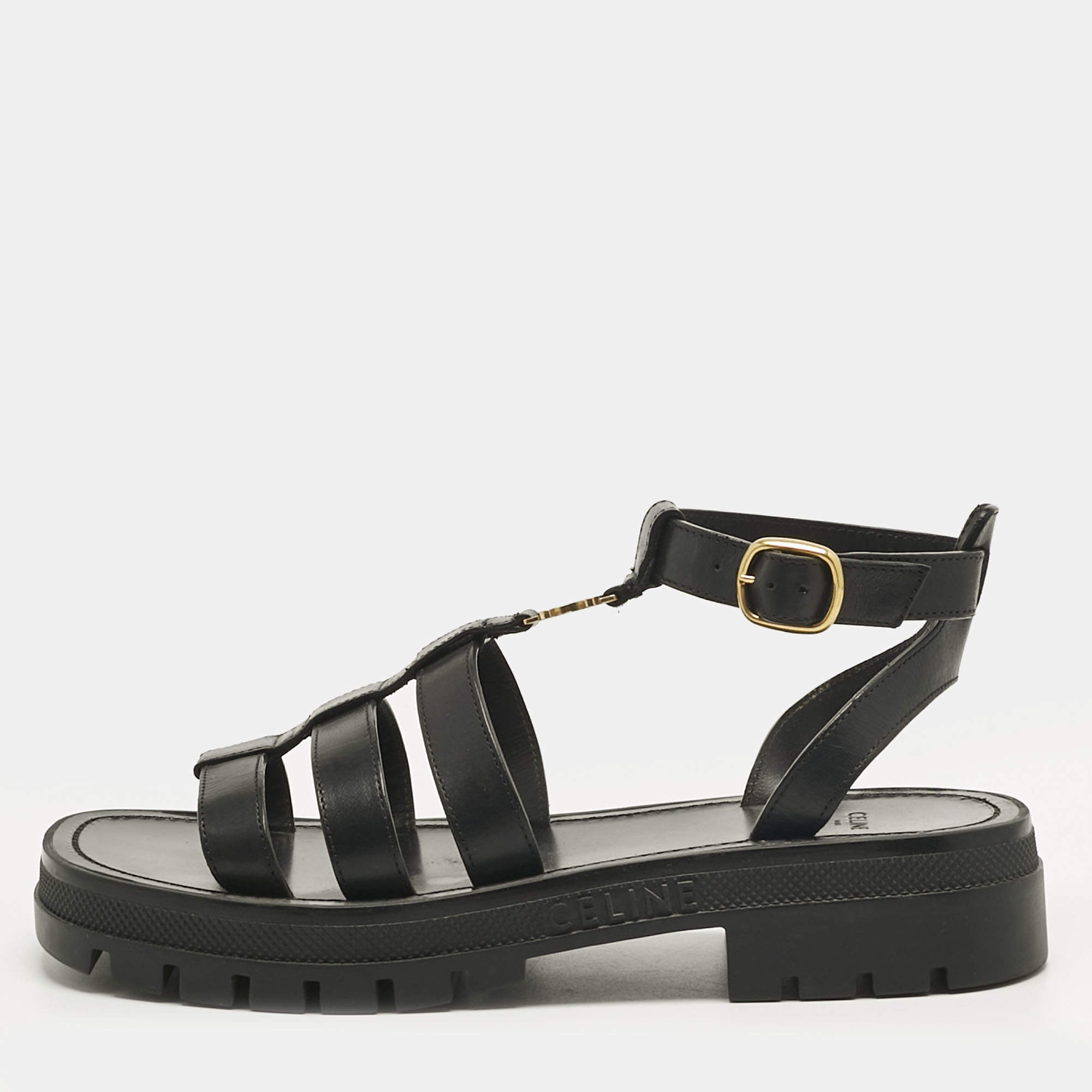 Pre Owned Celine Black Leather Clea Triomphe Strappy Gladiator Sandals Size 40