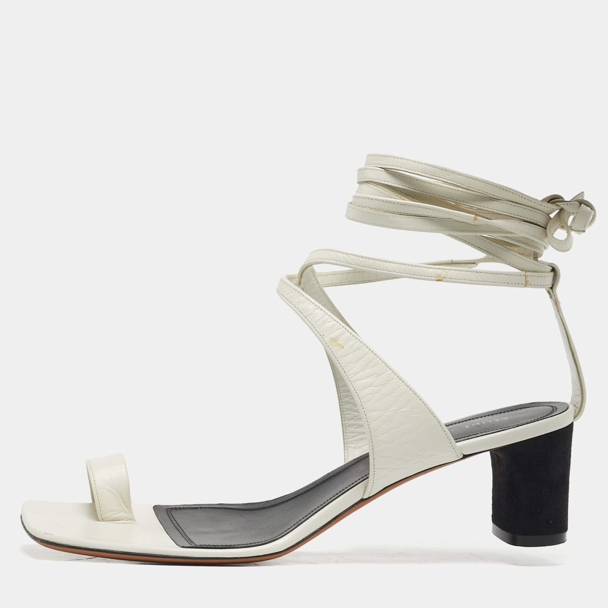 Pre Owned Celine White Leather Toe Ring Ankle Wrap Sandals Size 38.5