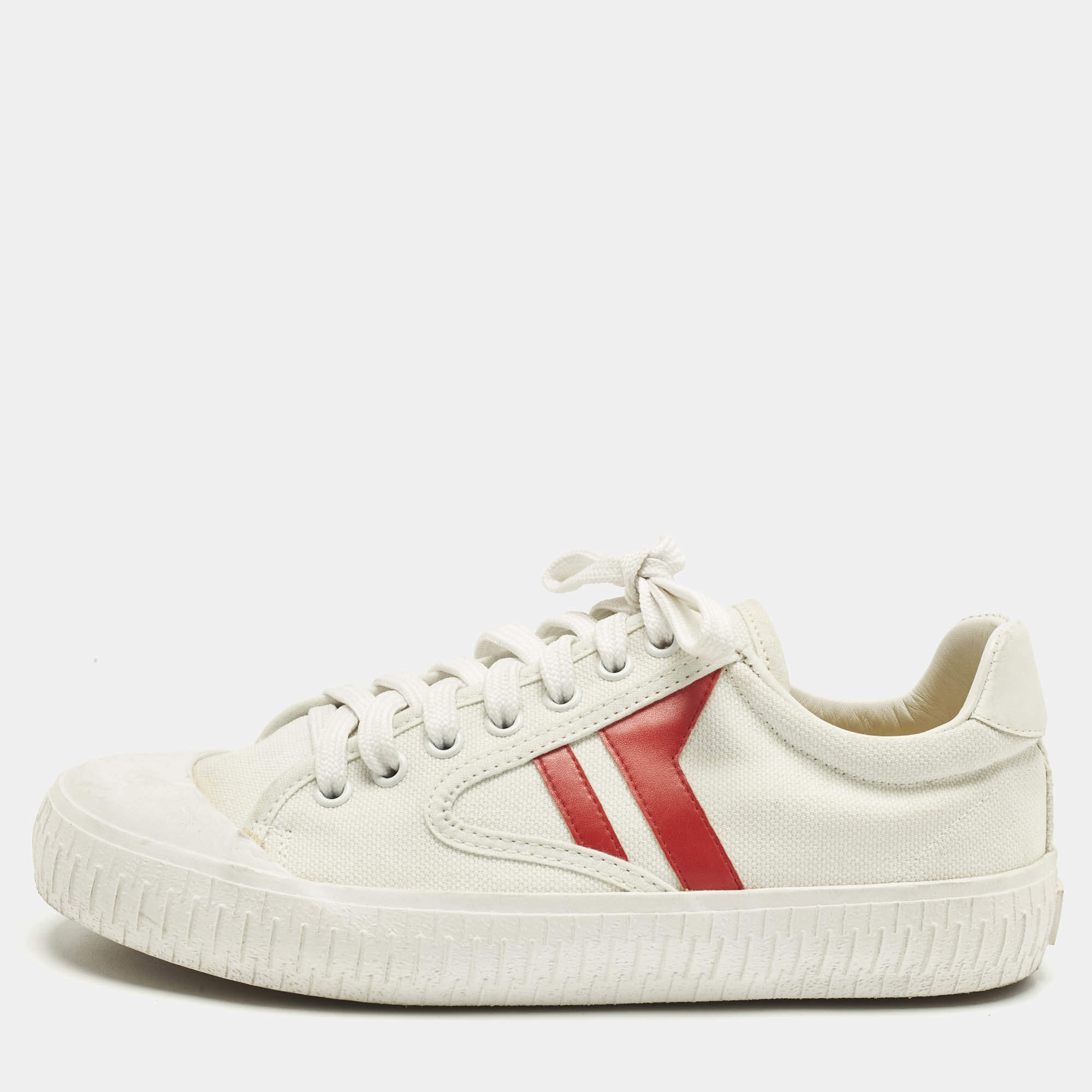 Pre Owned Celine White/Red Canvas and Leather Colorblock Pattern Low Top Sneakers Size 38