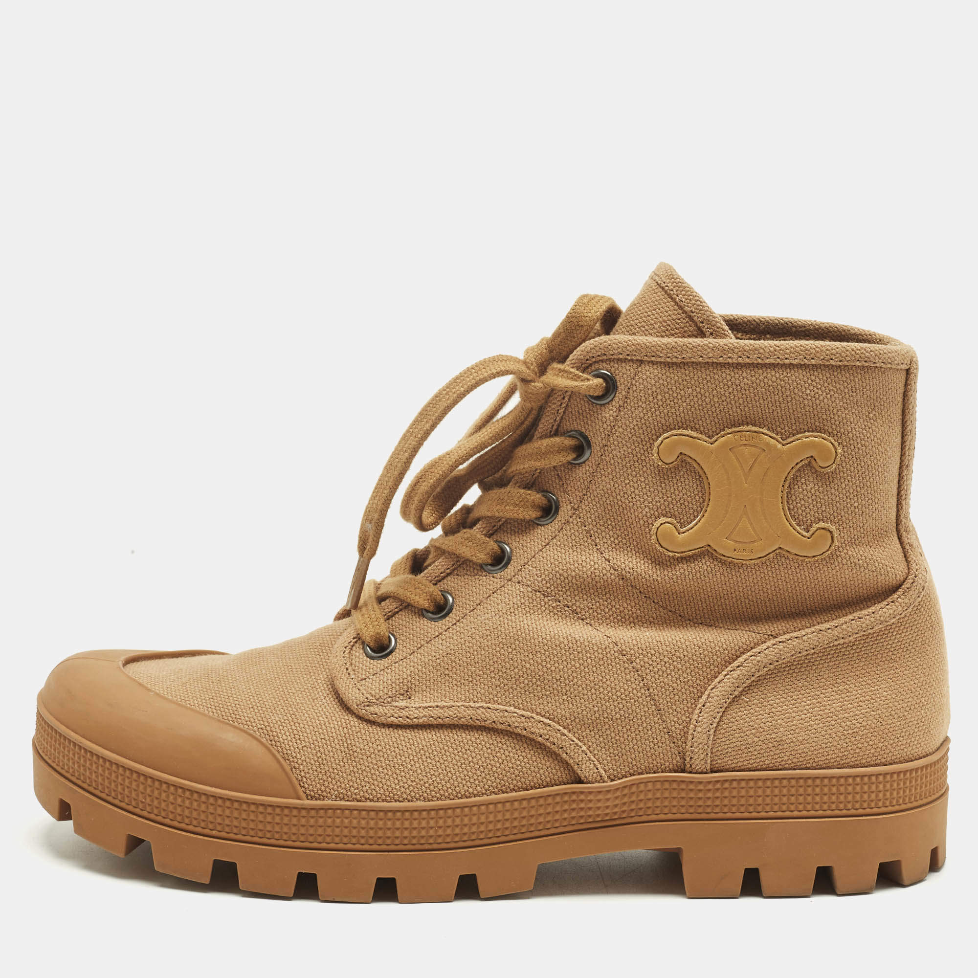 Pre Owned Celine Orange Canvas Patapans Lace Up Ankle Boots Size 38