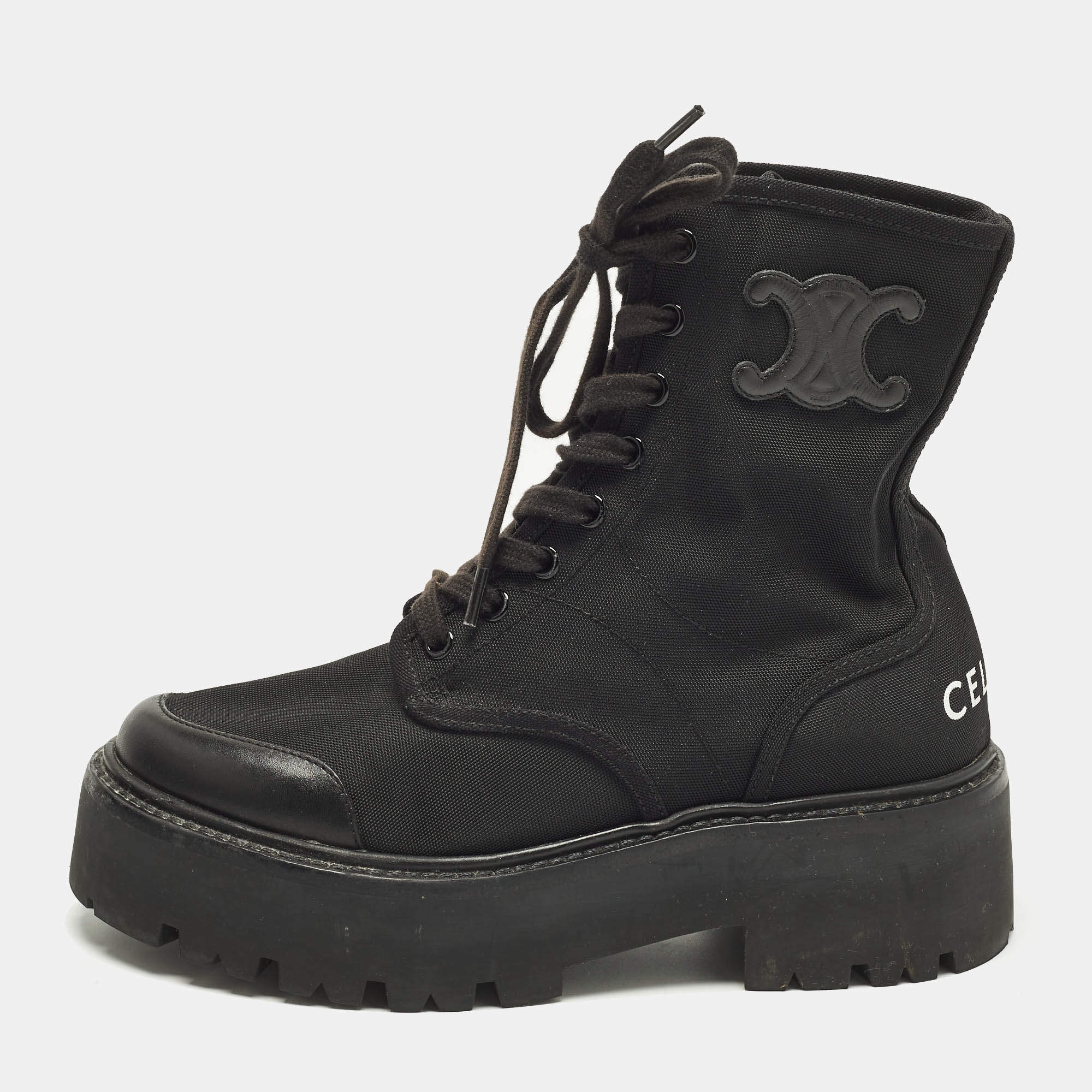 Pre Owned Celine Size 36 Black Canvas and Leather Combat Boots