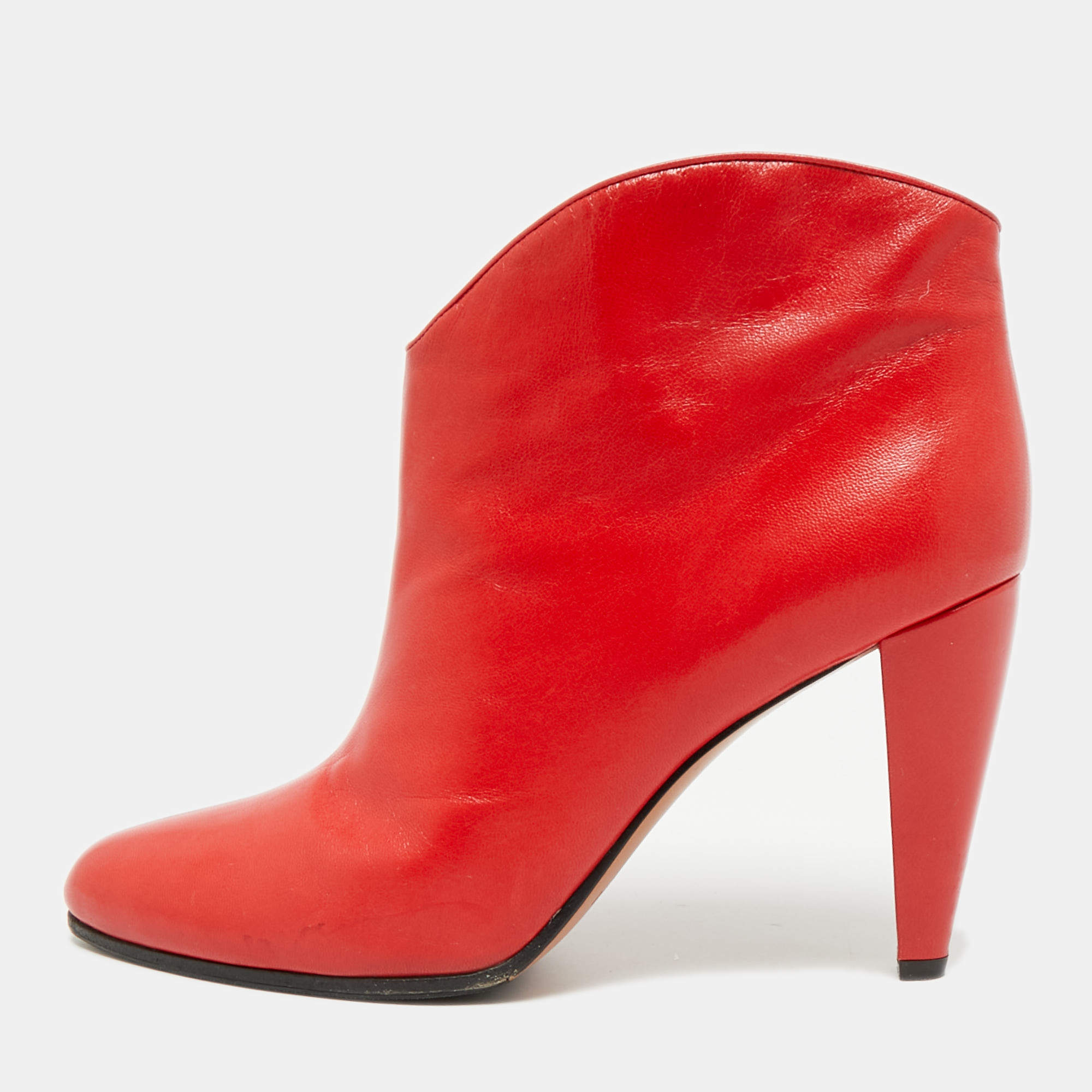 Pre Owned Celine Size 38 Red Leather Ankle Length Boots