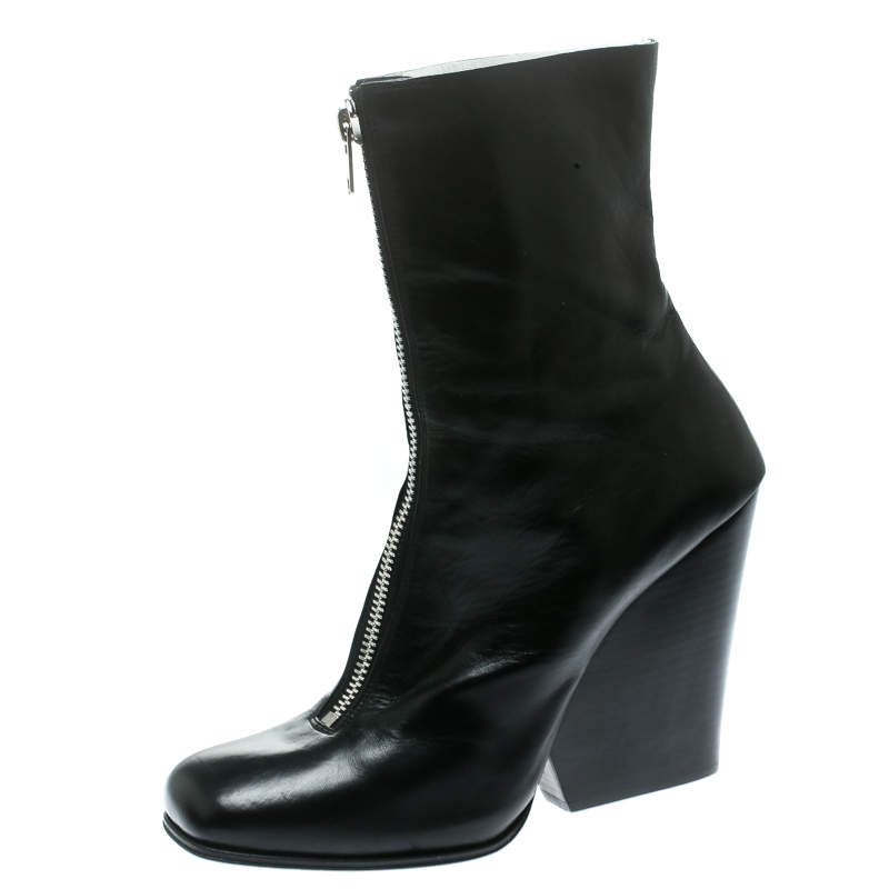 Pre Owned Celine Black Leather Square Toe Calf Length Boots Size 40.5
