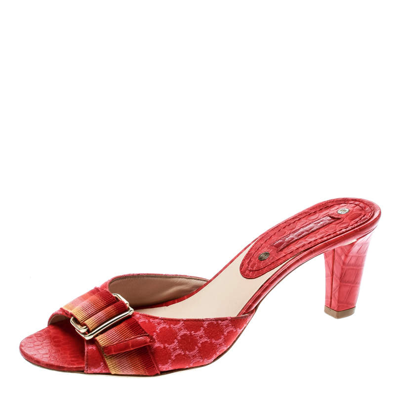 Celine Red Croc Embossed Leather And Fabric Slide Sandals Size 36