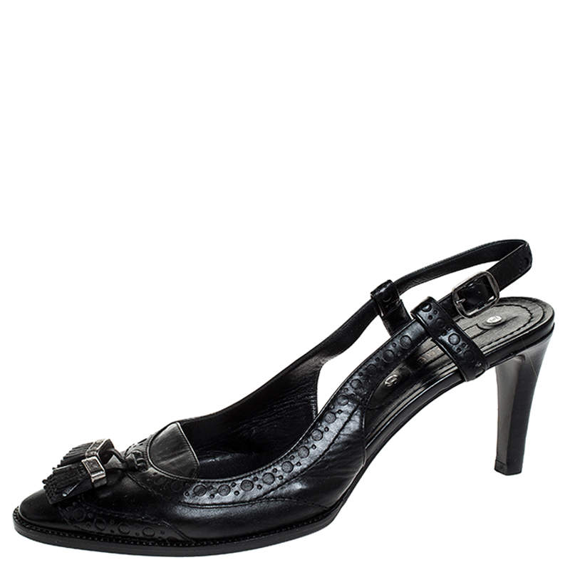 Pre Owned Celine Black Brogue Leather Tassel Slingback Sandals Size 40