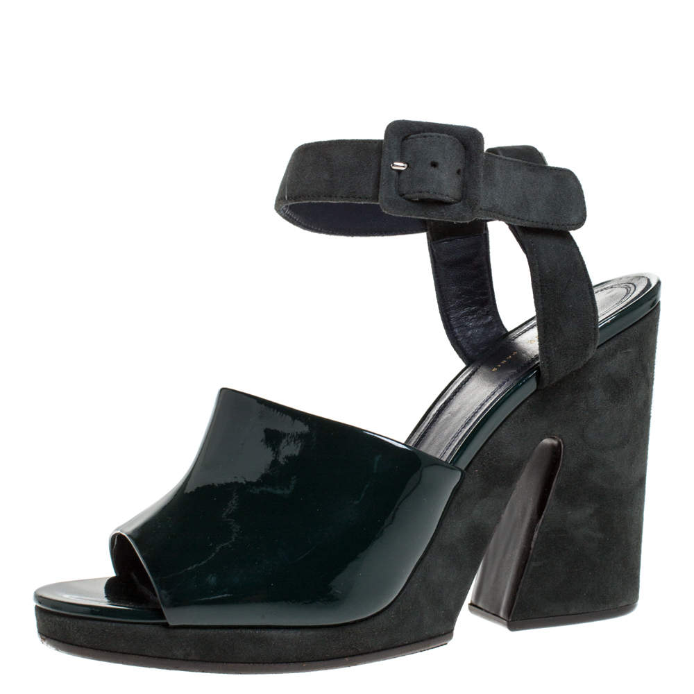 Celine Green Patent Leather And Suede Ankle Strap Open Toe Platform Sandals Size 37.5