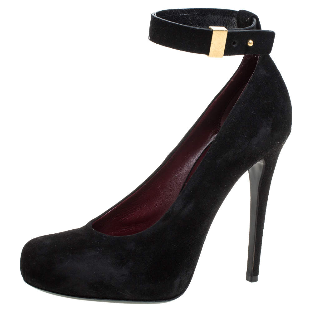 Pre Owned Celine Black Suede Leather Ankle Cuff Pumps Size 38