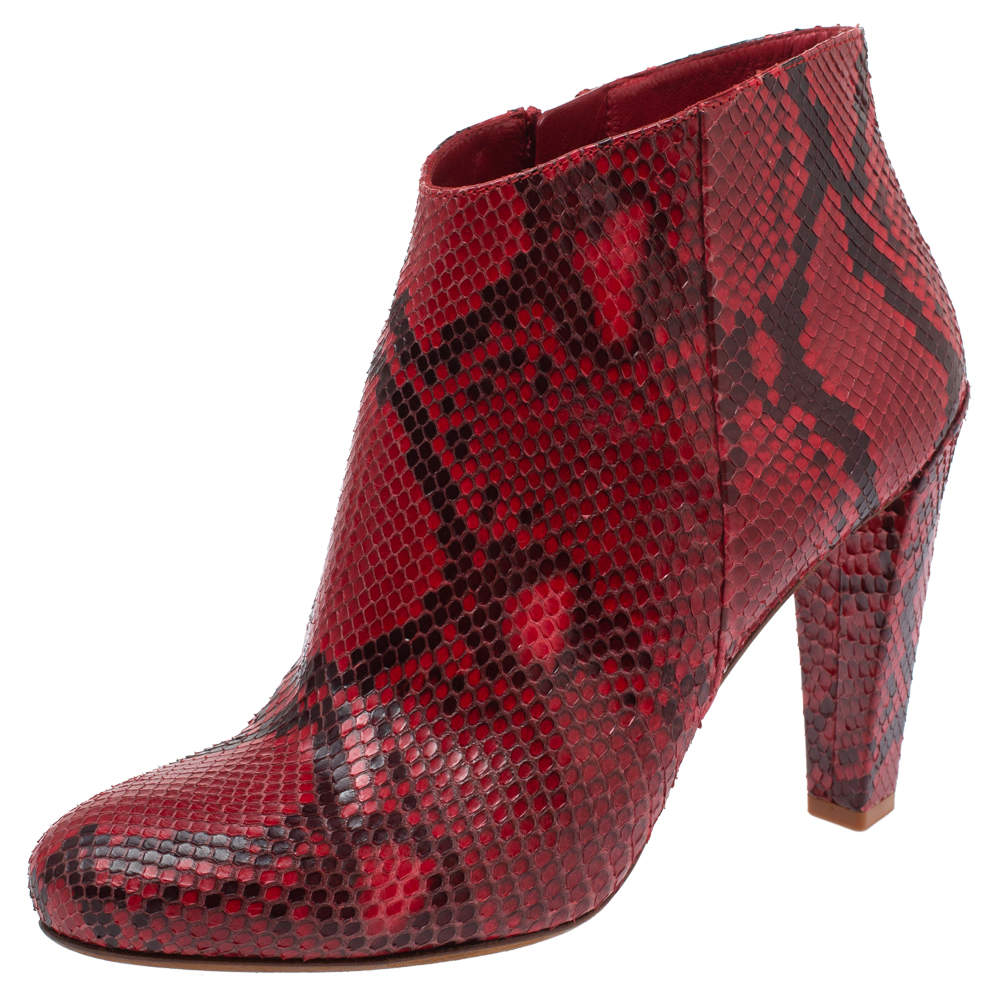 Pre Owned Celine Red Python Block Heels Ankle Boots Size 38