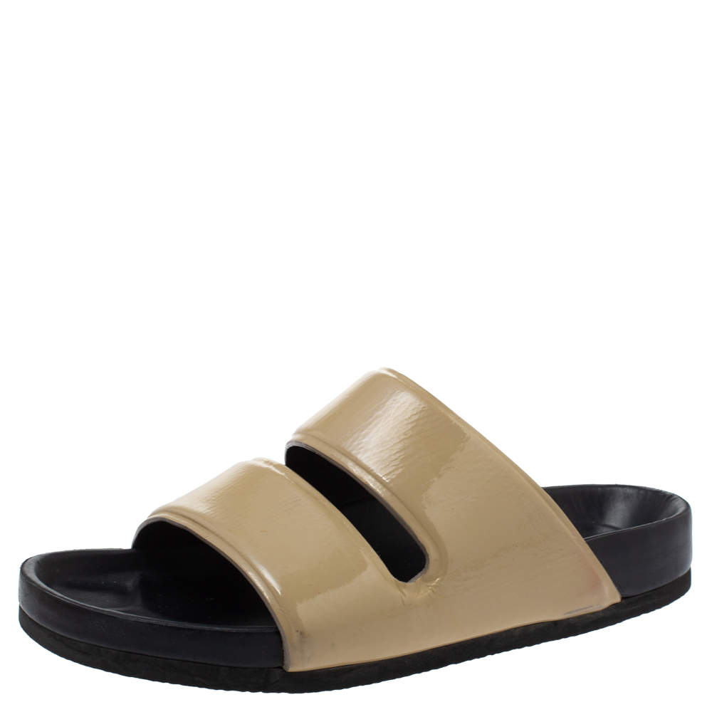 Celine Beige Patent Leather Flat Slide Sandals Size 37