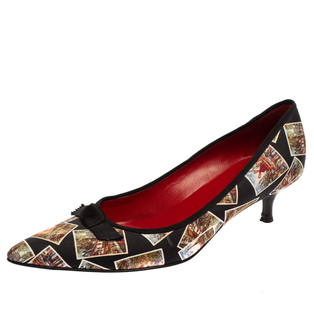 Pre Owned  Celine Black Satin Postcard Print Kitten Heel Pumps Size 37.5