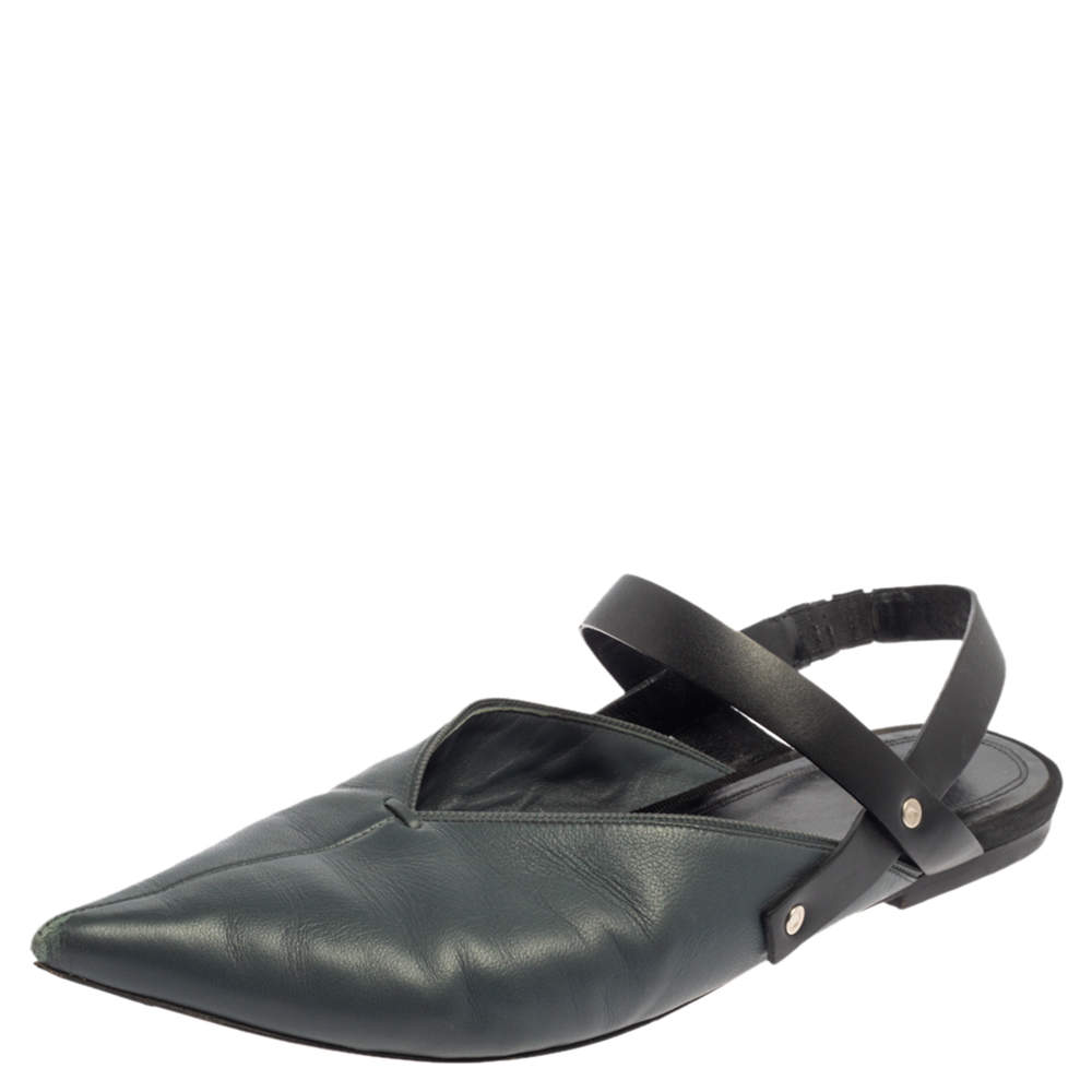 Pre Owned Celine Grey/Black Pointed Toe Slingback Flat Sandals Size 38