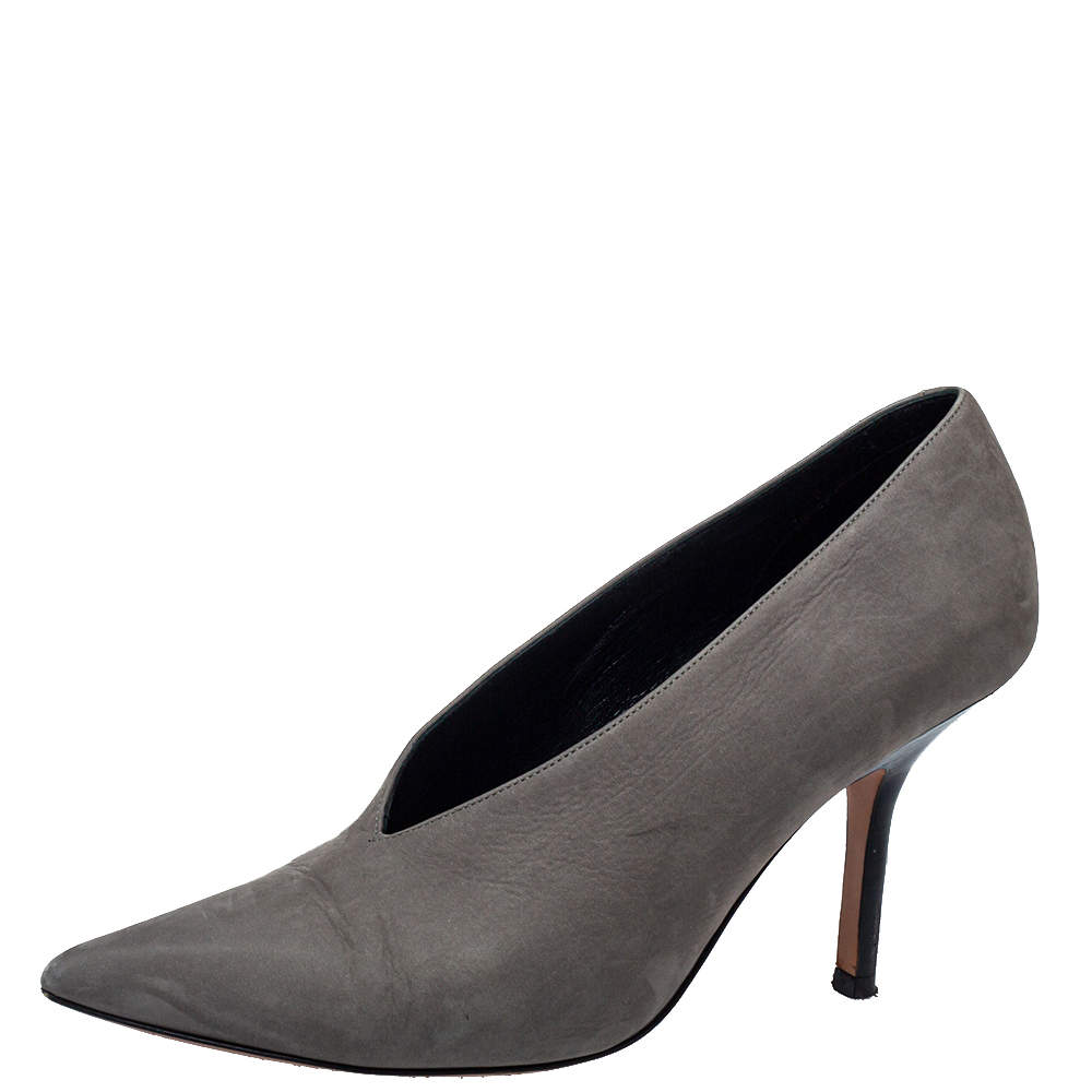 Pre Owned Celine Grey Leather V-Neck Pumps Size 35