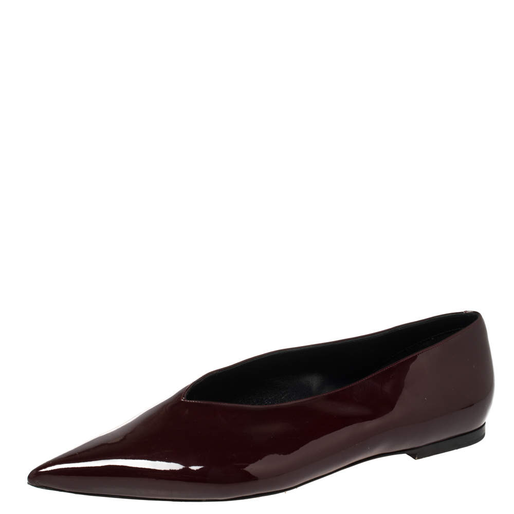 Pre Owned Celine Burgundy Patent Leather V Neck Pointed Toe Flats Size 40