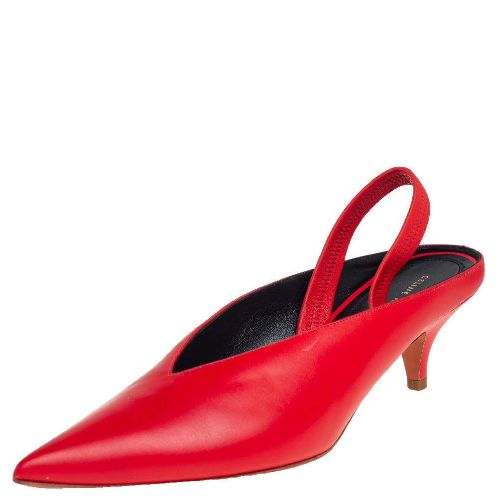 Pre Owned Celine Red Leather V Neck Slingback Sandals Size 38.5