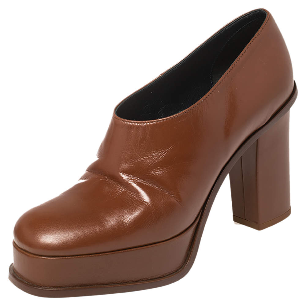 Pre Owned Celine Tan Leather Square Toe Platform Booties Size 37