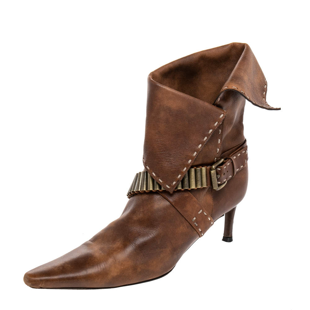 Pre Owned Celine Brown Leather Cross Strap Buckle Pointed Toe Ankle Length Boots Size 36.5
