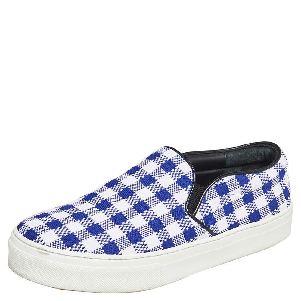 Pre Owned Céline White/Blue Check Canvas Slip On Sneakers Size 38