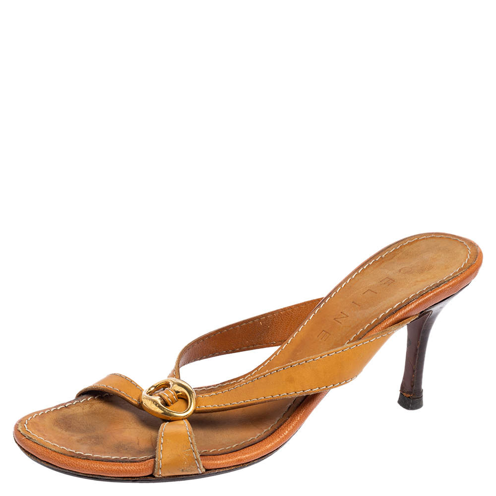 Celine Tan Leather Buckle Mule Sandals Size 38
