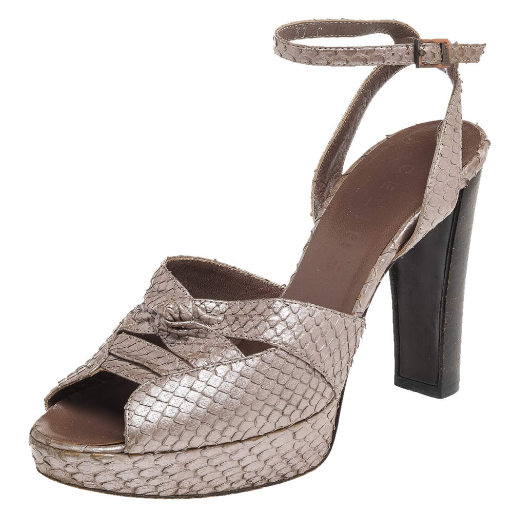 Pre Owned Celine Metallic Beige Python Platform Ankle Strap Sandals Size 37