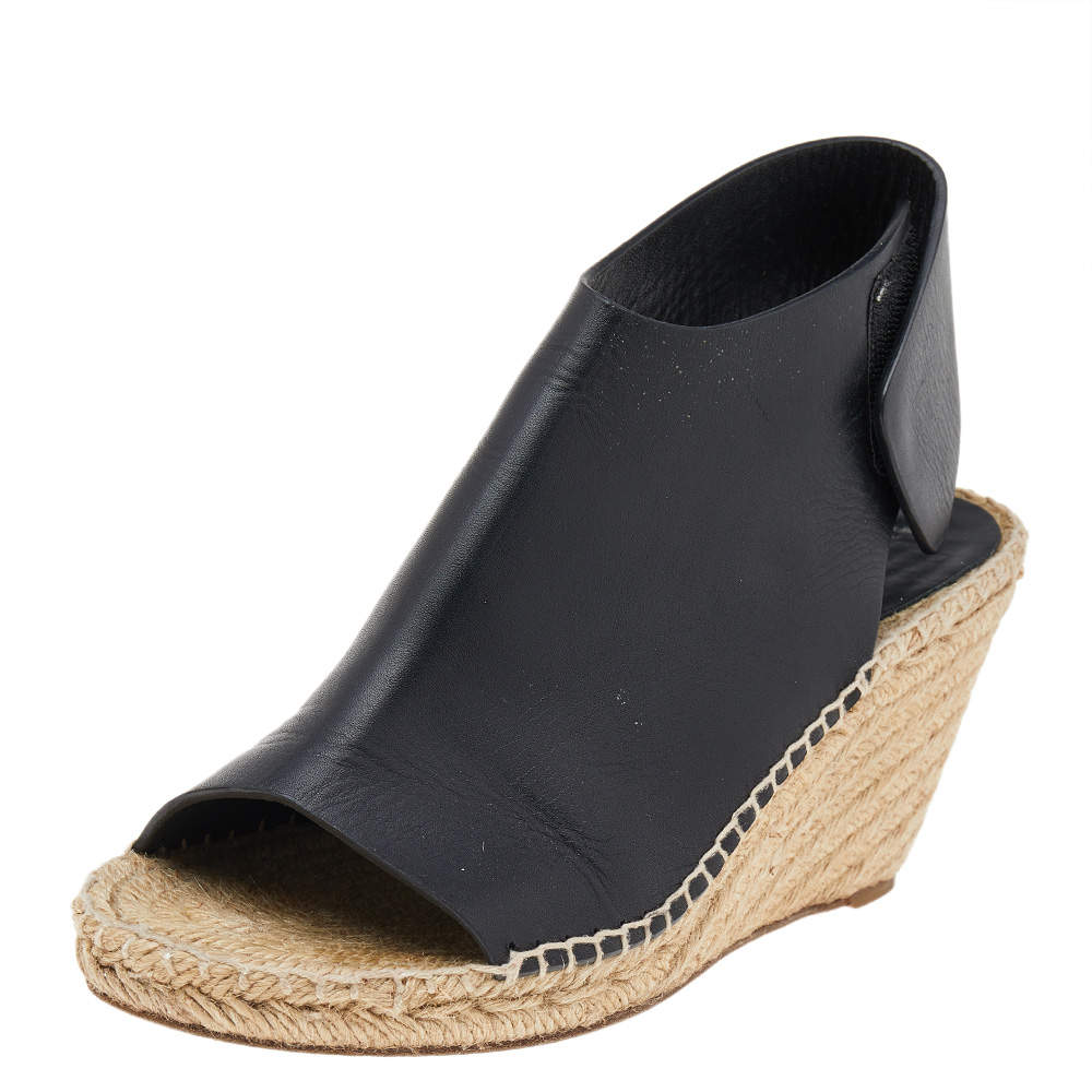 Celine Black Leather Open Toe Espadrilles Platform Wedge Sandals Size 38