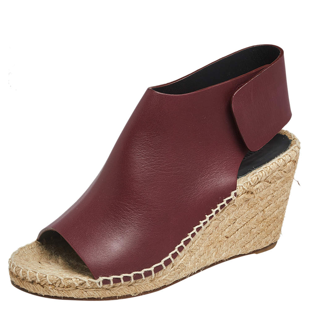 Pre Owned Celine Burgundy Leather Open Toe Espadrille Wedge Sandals Size 36