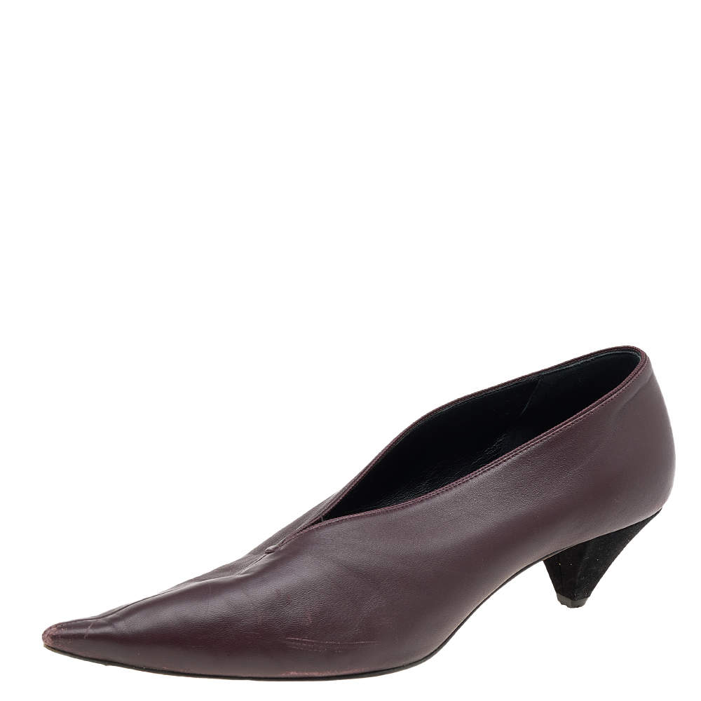 Pre Owned Celine Burgundy Leather V Neck Pointed Toe Pumps Size 41