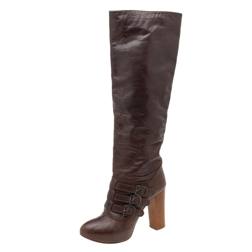 Pre Owned Celine Brown Leather Buckle Detail Platform Knee Length Boots Size 39
