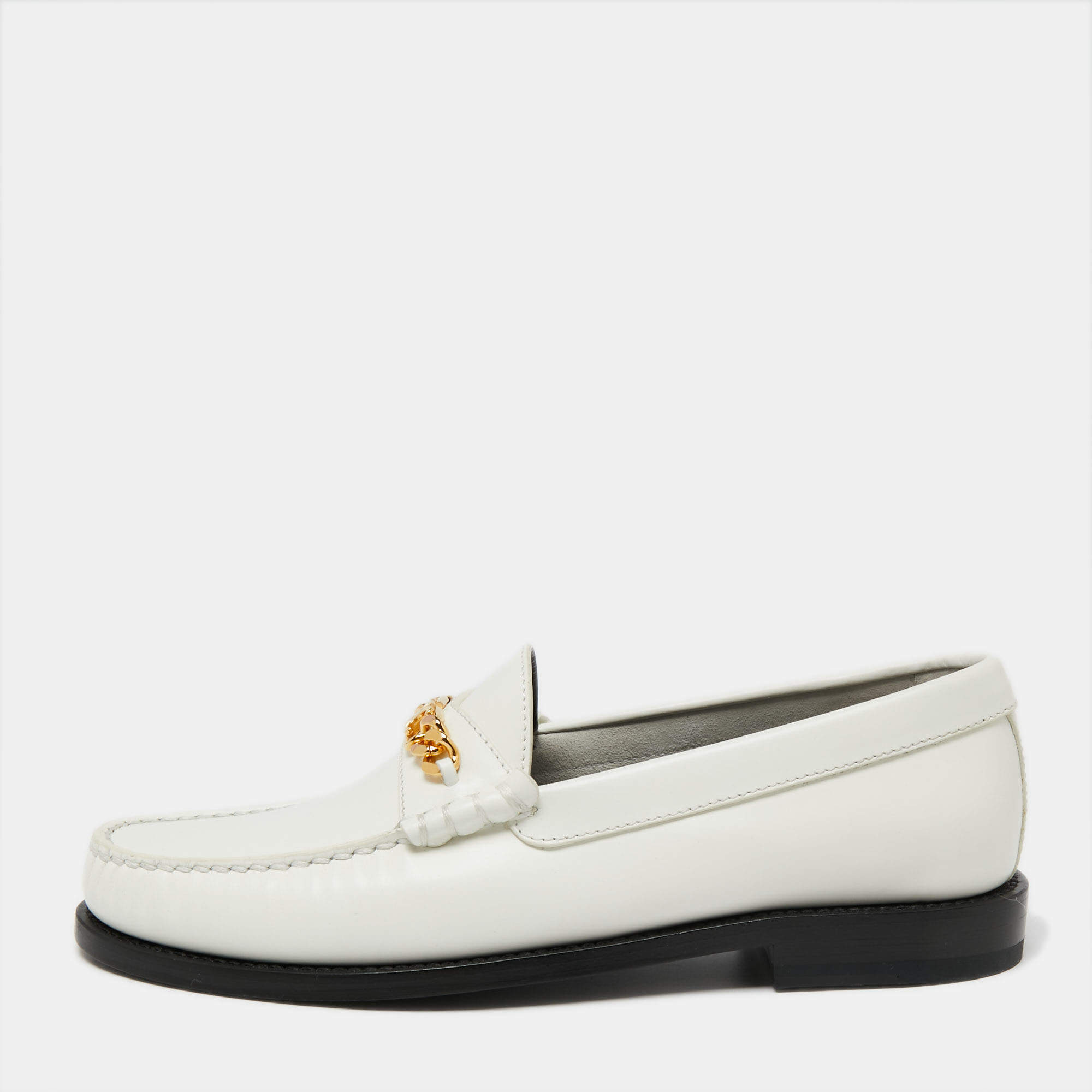Pre Owned Celine White Leather Chain Embellished Slip On Loafers Size 37