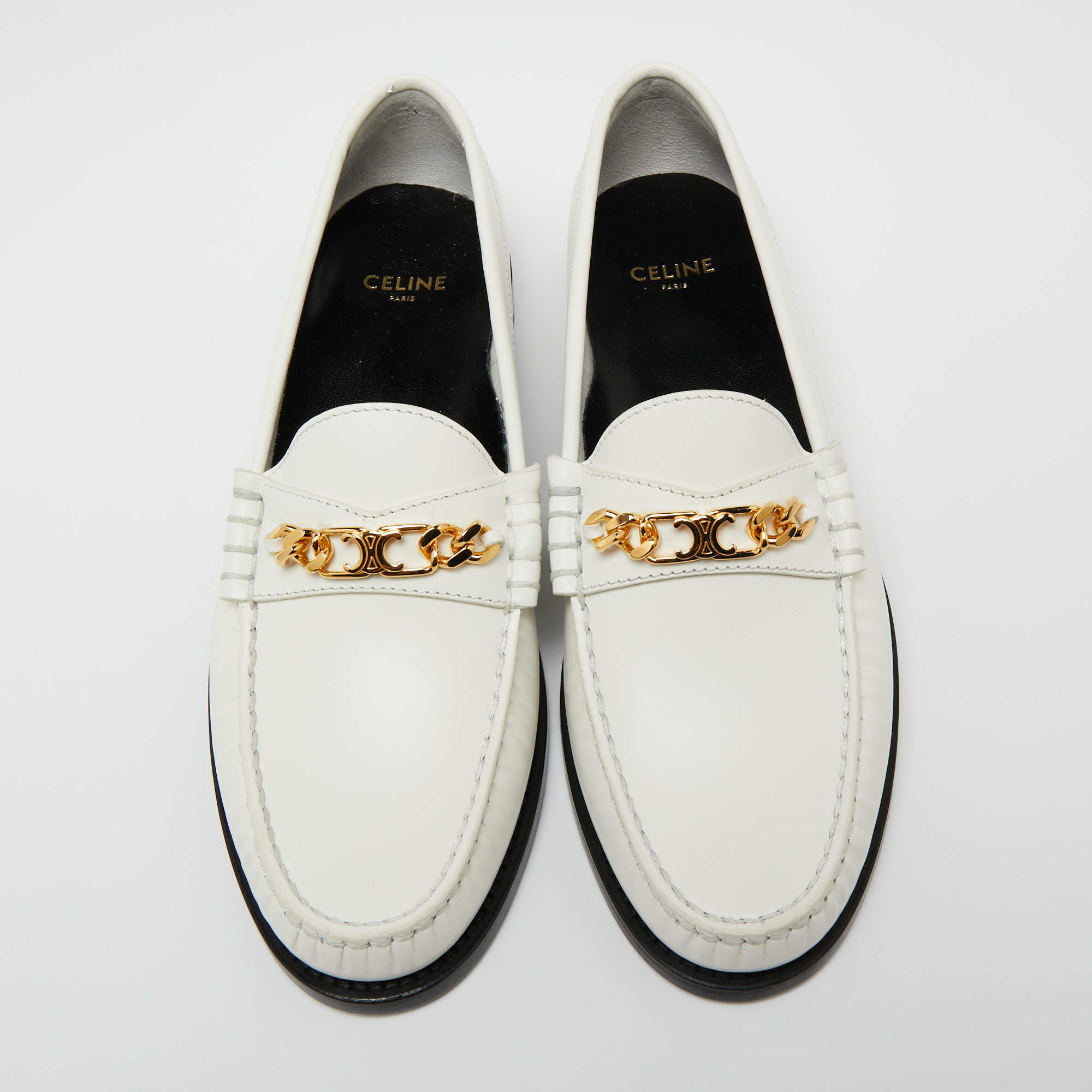 Pre Owned Celine White Leather Chain Embellished Slip On Loafers Size 37