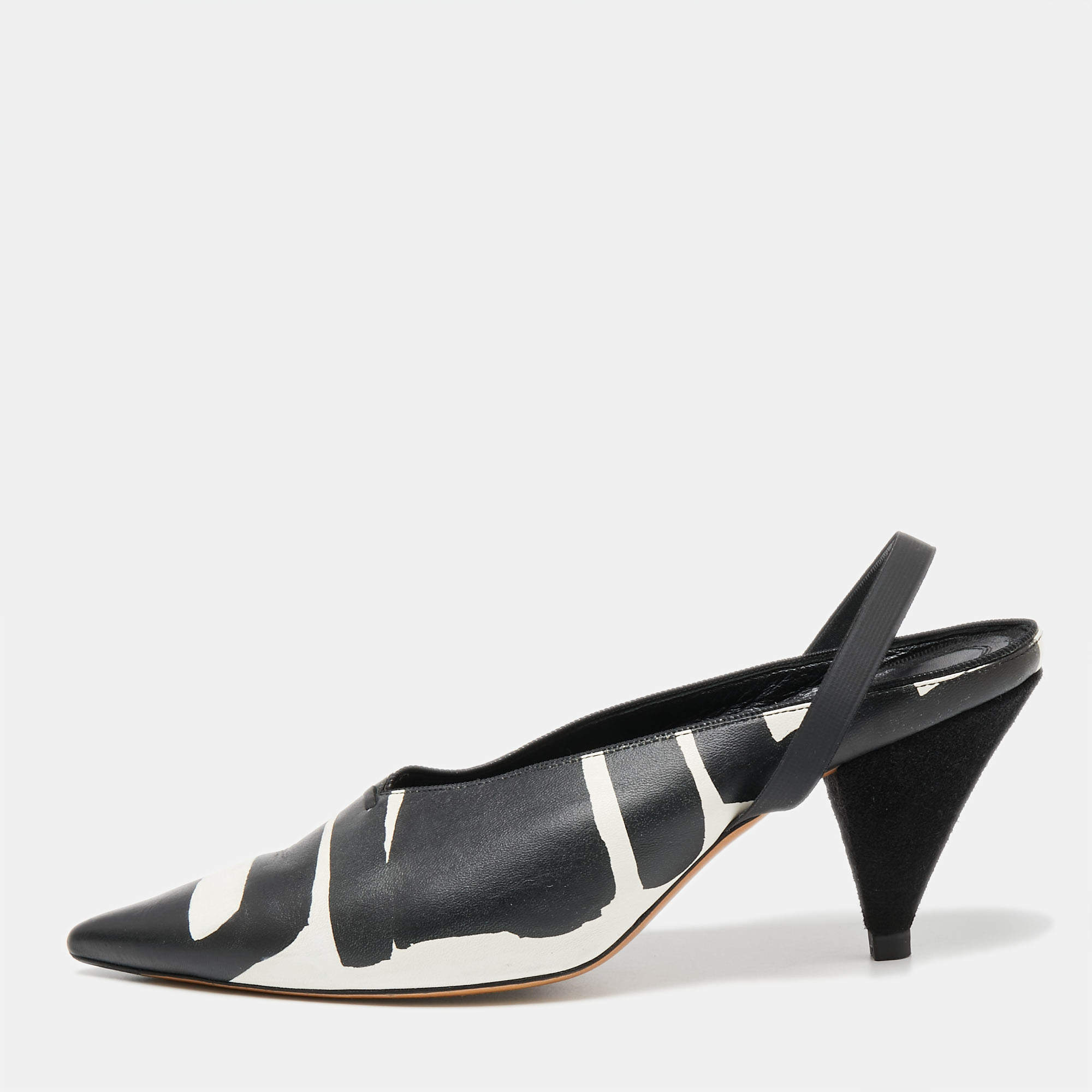 مملوكة مسبقًا Celine Black/White Leather  Slingback Sandals Size 37