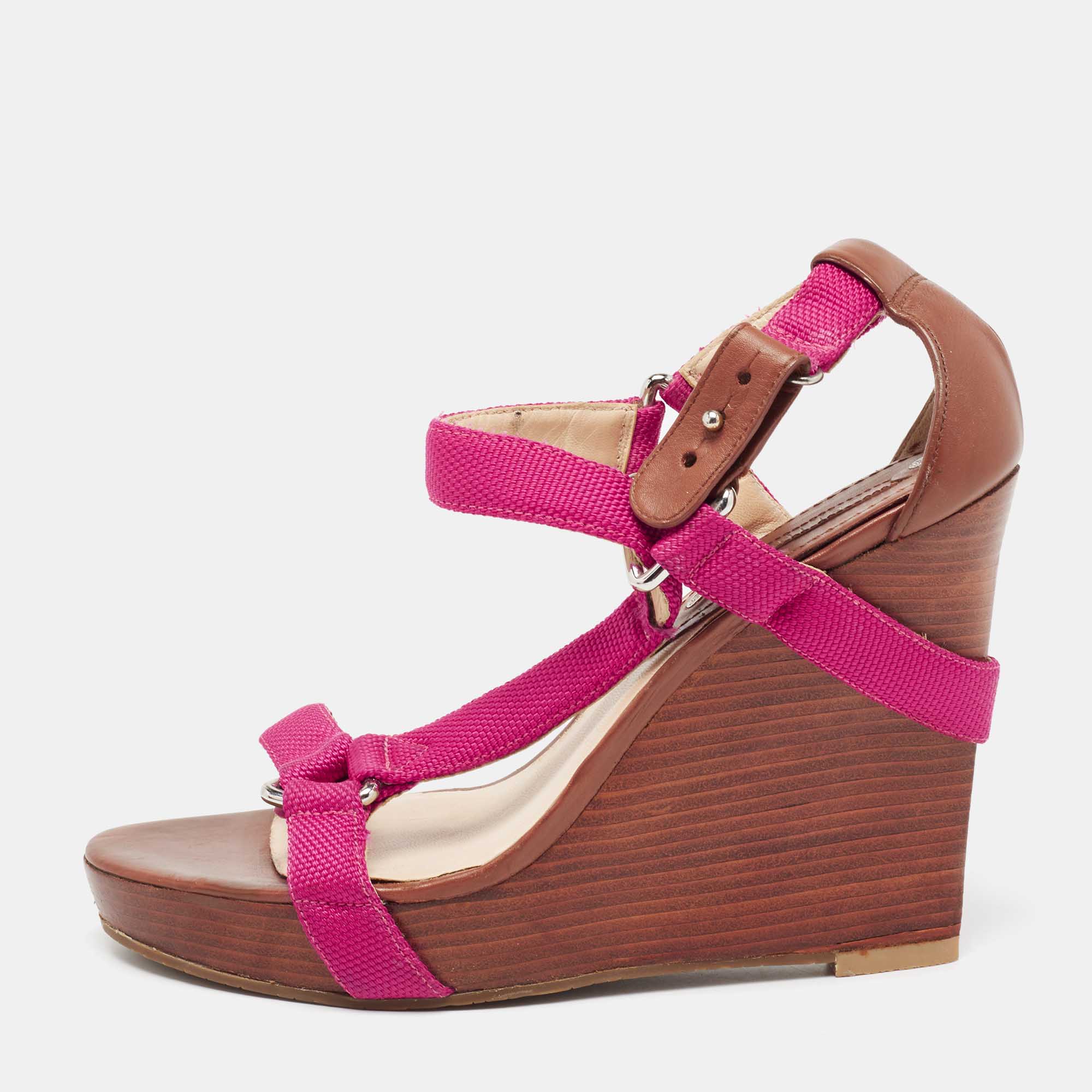 Céline Pink Canvas T-Strap Wedge Slingback Sandals Size 39