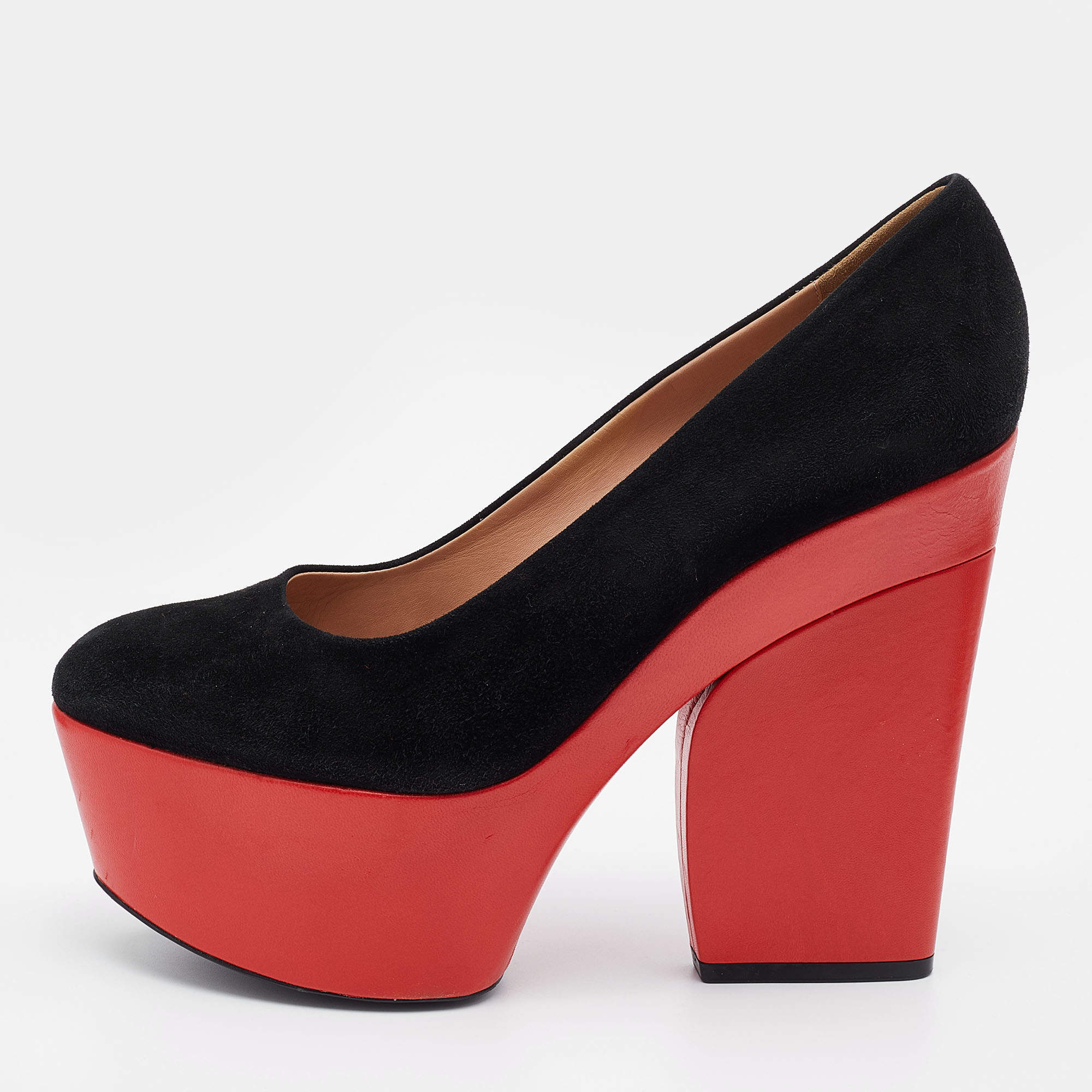 Pre Owned Celine Black Suede Color Block Platform Pumps Size 41