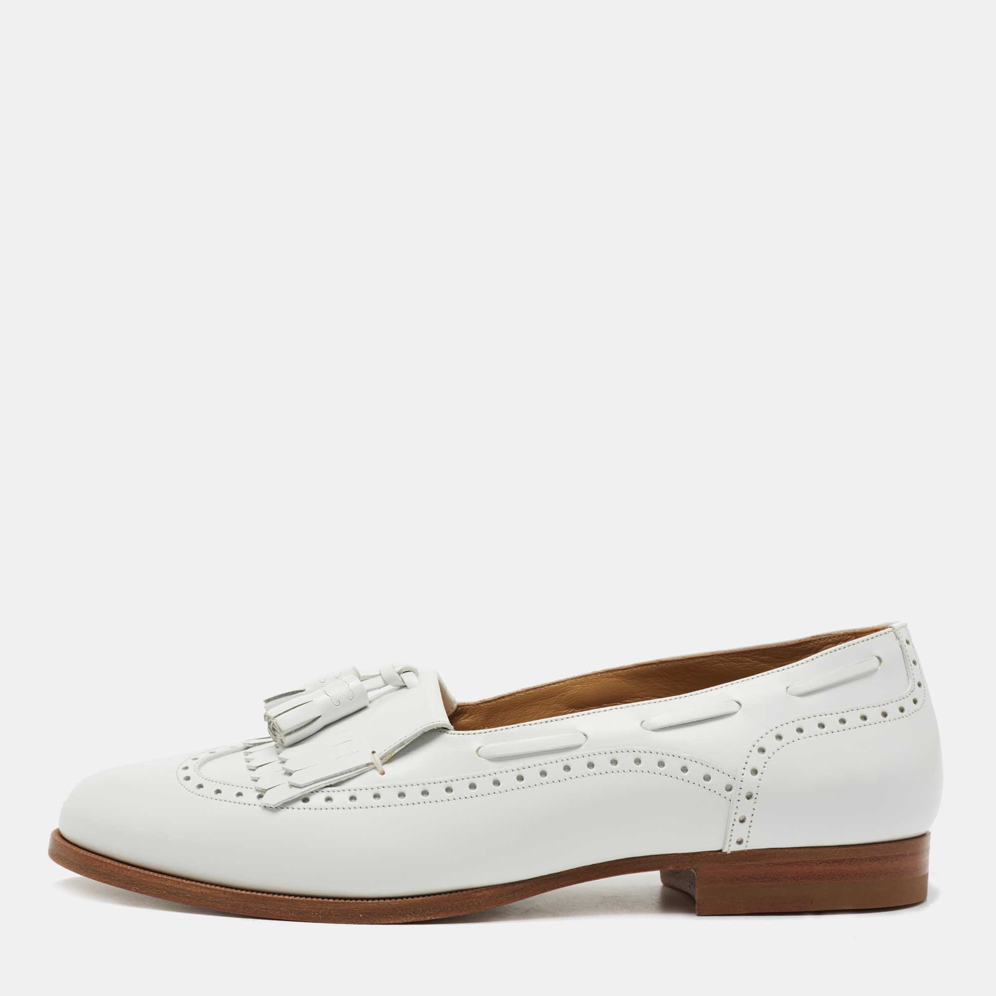 Pre Owned Celine White Leather Tassel Detail Slip On Loafers Size 38
