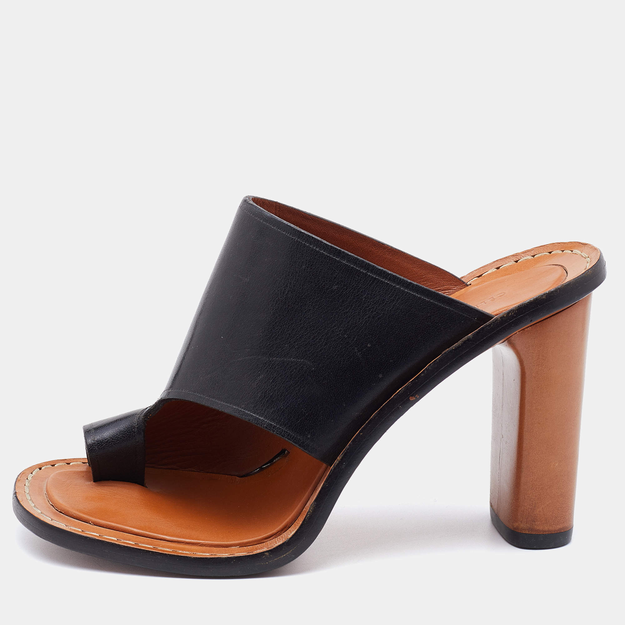 Celine Black Leather Toe Ring Slide Sandals Size 37