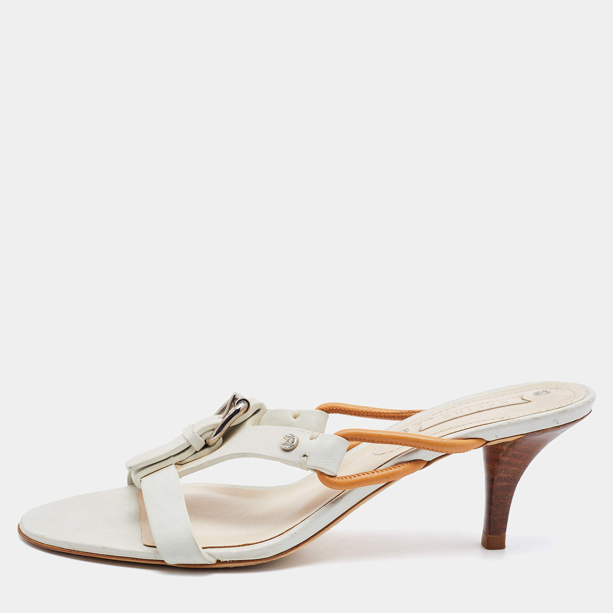 Pre Owned Celine White Leather Buckle Detail Strappy Slide Sandals Size 37.5